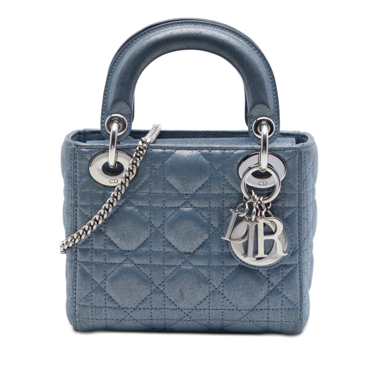 Dior Lady Dior Mini blue iridescent lambskin bag: Dior Lady Dior Mini blue iridescent lambskin bag Mini Lady Dior bag in blue iridescent lambskin leather with Cannage quilting. It features flat leather top handles, a detachable chain link strap with 
