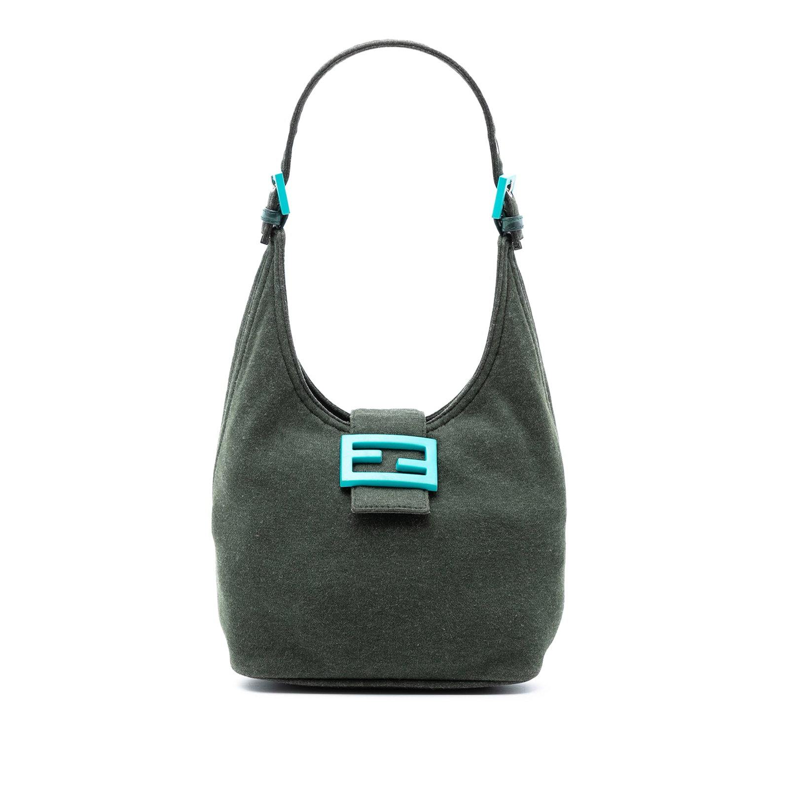 Fendi Cotton Shoulder Bag in Green Fabric: Fendi Cotton Shoulder Bag in Green Fabric Fendi cotton shoulder bag with a green fabric body, adjustable flat strap, open top, and strap with magnetic snap closure. The interior includes a zip pocket.