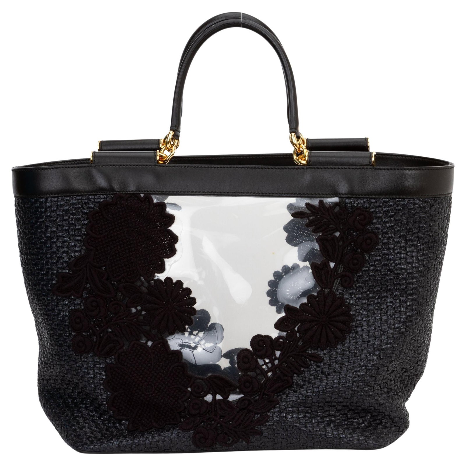 Black Floral Lace Raffia Tote with Gold Hardware by Dolce Gabbana (1 of 4)