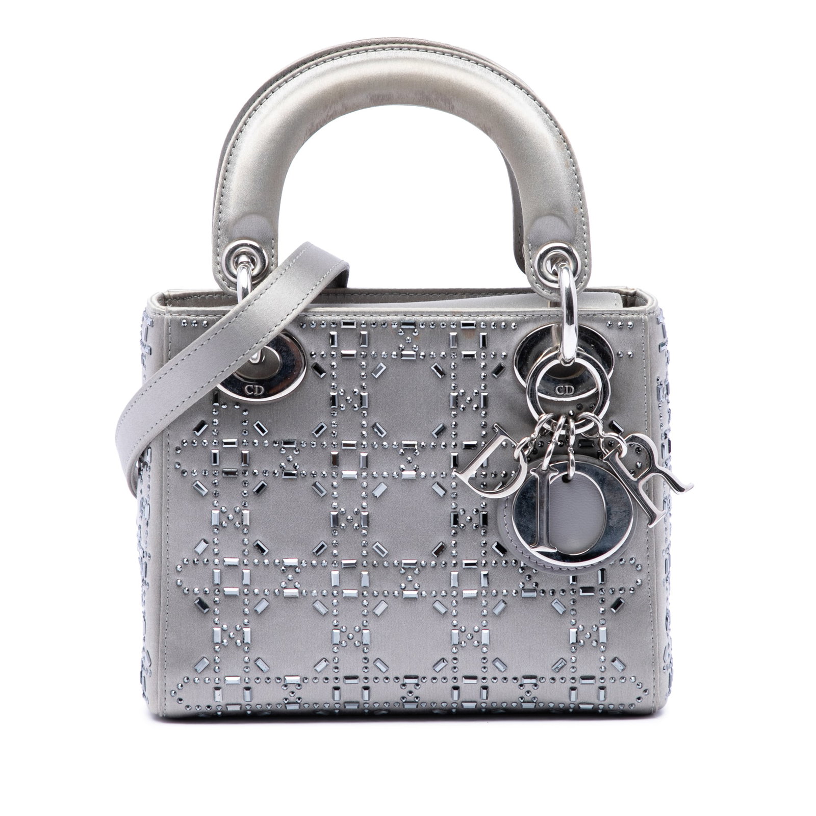 Dior Lady Dior Mini Cannage Satin Bag with Crystal Embellishments: Dior Lady Dior Mini Cannage Satin Bag with Crystal Embellishments Mini Lady Dior bag in gray satin with Cannage quilting and crystal embellishments. It features flat satin top handles, a detachable fl
