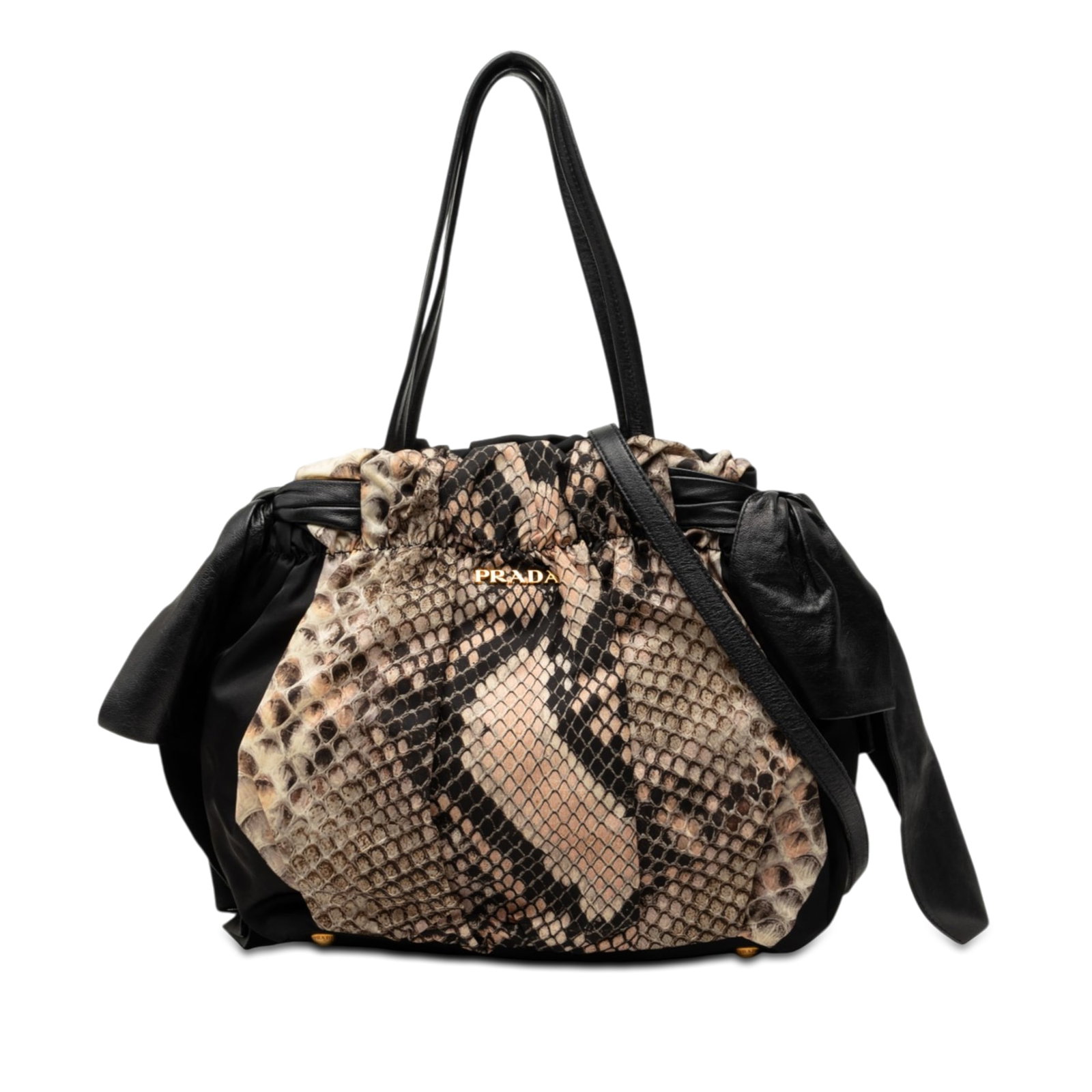 Prada Tessuto satchel in black nylon with python print bow: Prada Tessuto satchel in black nylon with python print bow Prada Tessuto Python Print Bow Satchel with a nylon body, side bow details, flat leather handles, and an open top with snap button closure. T