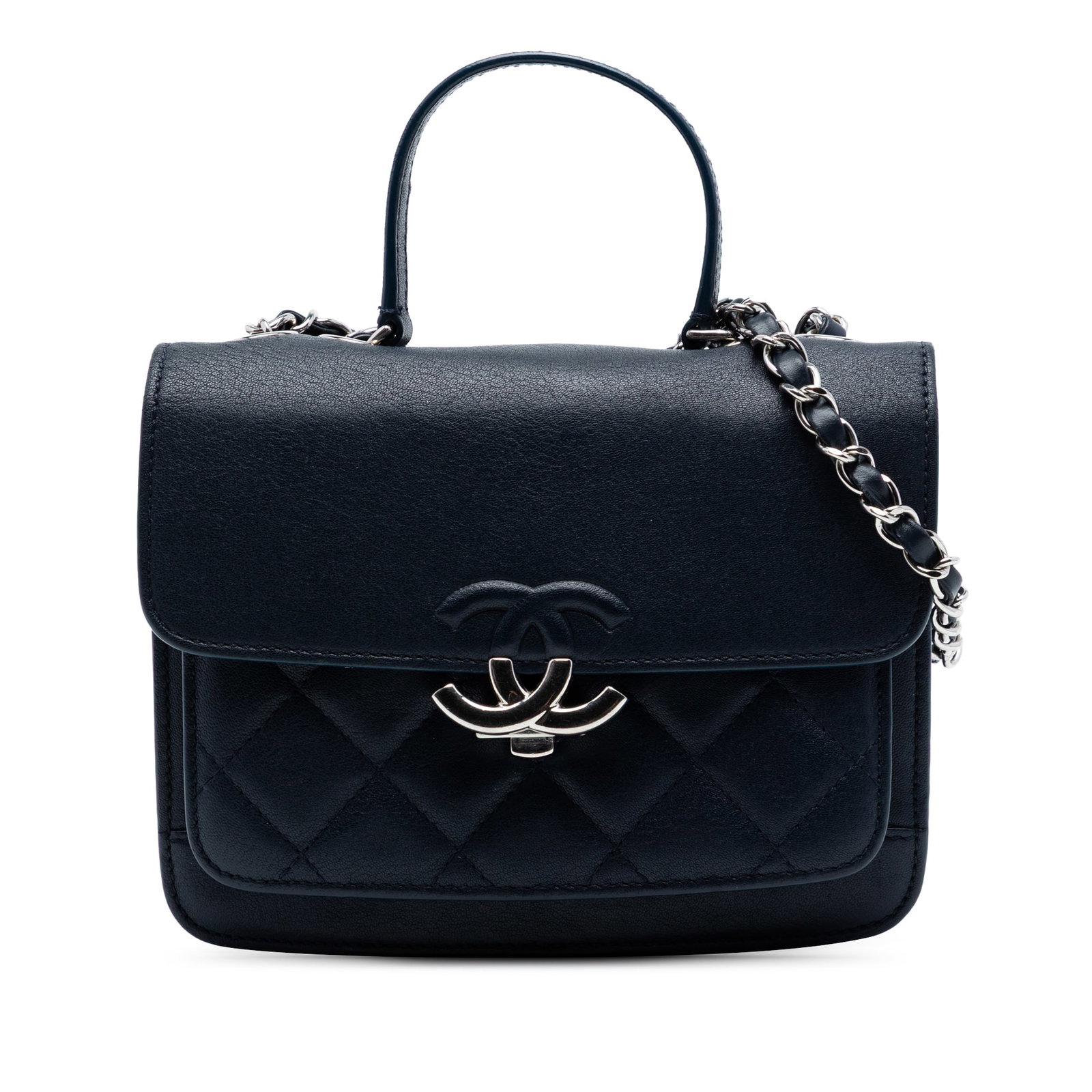 Chanel CC Box Flap Small Blue Quilted Goatskin Shoulder Bag: Chanel CC Box Flap Small Blue Quilted Goatskin Shoulder Bag A Chanel Small Quilted Goatskin CC Box Flap shoulder bag in blue. This bag features a quilted goatskin leather body, leather-woven chain lin