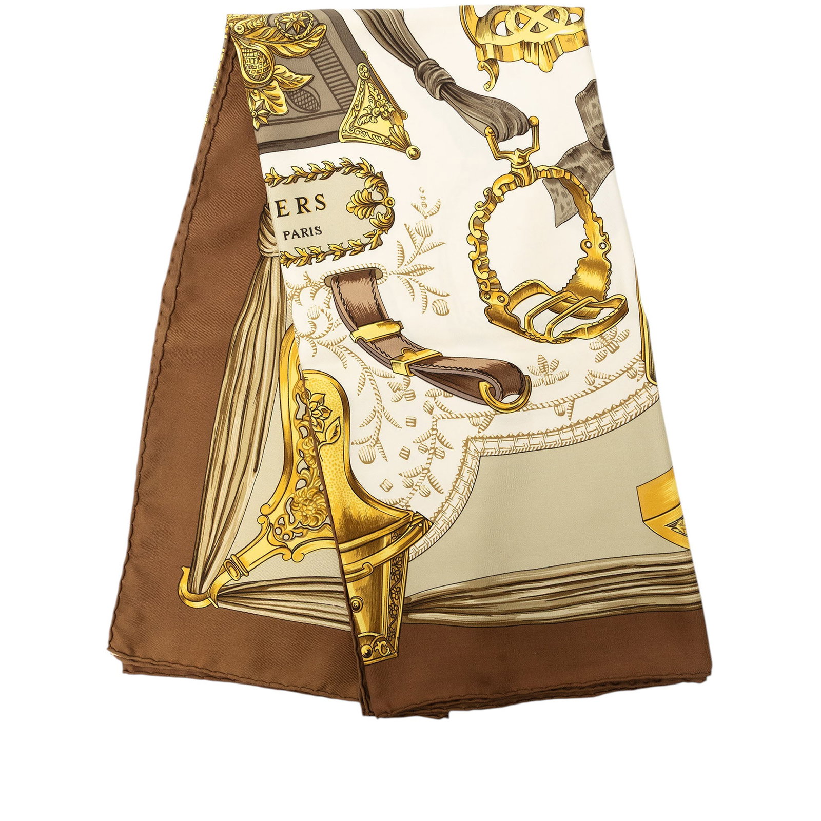 Hermes Etriers 90 Silk Scarf Beige Made in France: Hermes Etriers 90 Silk Scarf Beige Made in France Hermes Etriers Silk Scarf 90 in beige, crafted from 100% silk and made in France. This accessory features the Etriers print and shows condition notes 