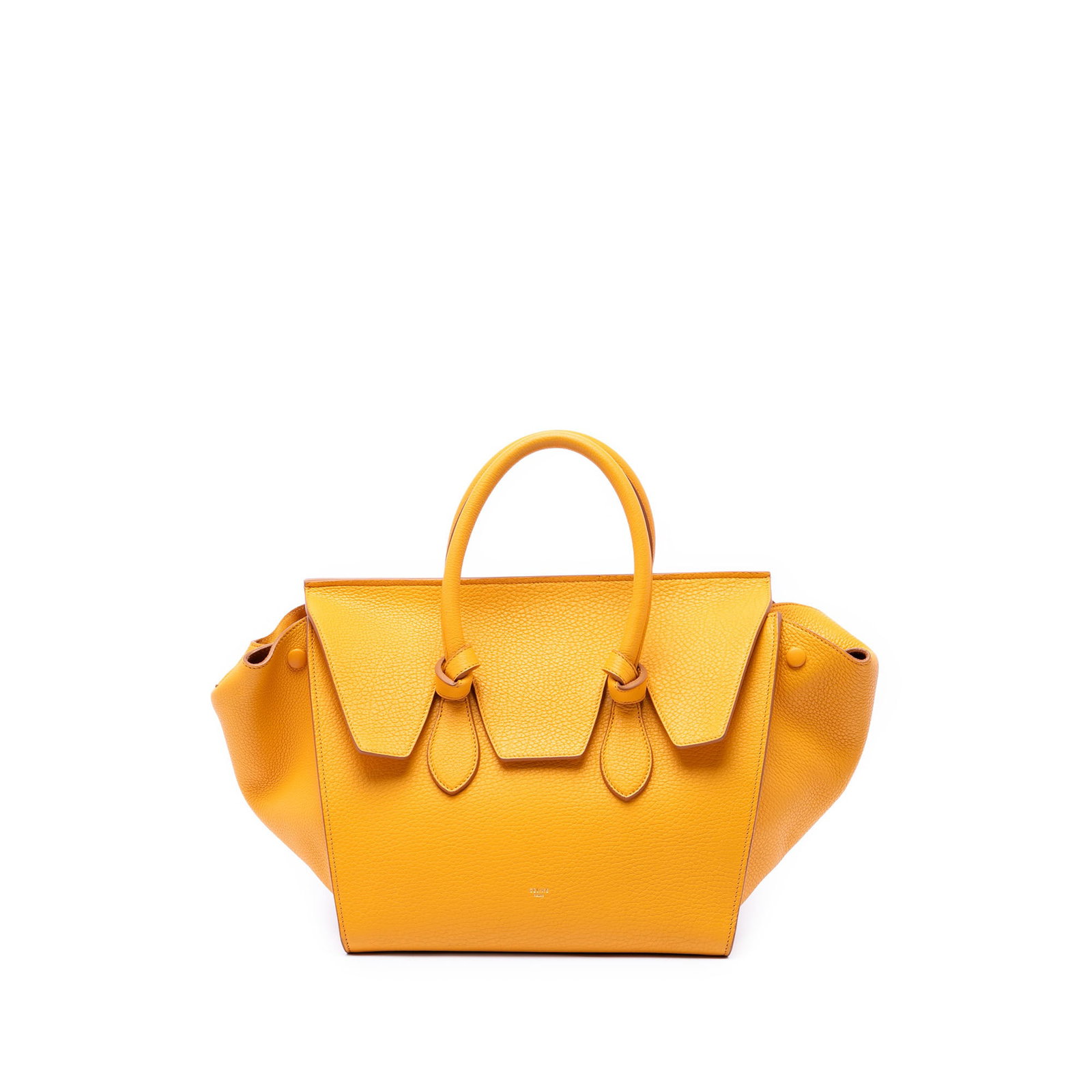 Celine Tie Knot Medium Grained Calfskin Leather Tote Bag Yellow: Celine Tie Knot Medium Grained Calfskin Leather Tote Bag Yellow Celine Tie Knot tote bag crafted in grained calfskin leather with rolled leather handles, a top flap, and interior zip and slip pockets.
