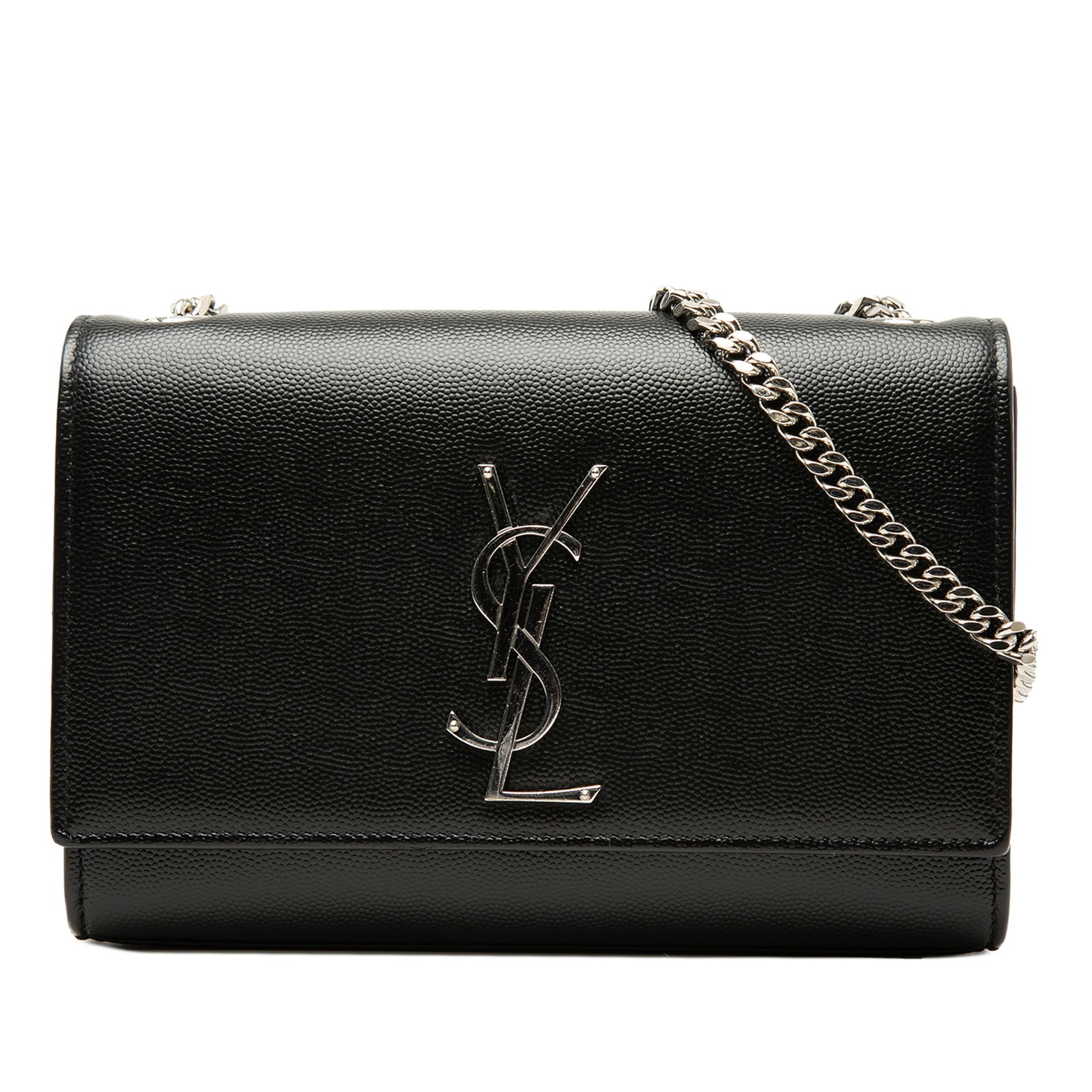 Saint Laurent Kate Crossbody Bag Black Leather Monogram: Saint Laurent Kate Crossbody Bag Black Leather Monogram Saint Laurent Small Grain De Poudre Monogram Kate Crossbody crafted in black leather with a chain link shoulder strap, front flap, metal YSL log