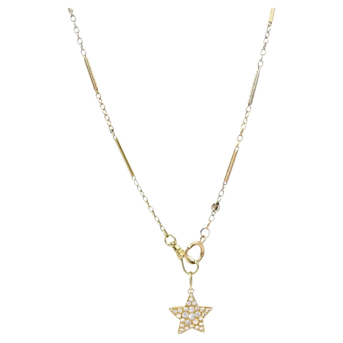 14k Gold Necklace Set of 2 Diamond Star Pendant Antique Bar Link Chain: 14k Gold Necklace Set of 2 Diamond Star Pendant Antique Bar Link Chain A 14k gold pendant necklace featuring a pave diamond star charm suspended from a mixed-link gold chain. The star pendant has a cl