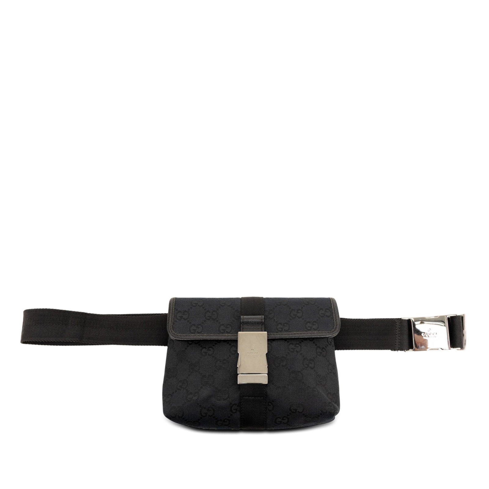 Gucci GG Canvas Waist Bag Black Fabric Italy: Gucci GG Canvas Waist Bag Black Fabric Italy Gucci GG Canvas belt bag crafted in black fabric with a canvas body, an adjustable flat waist strap, a flap with buckle closure, and an interior zip pocket