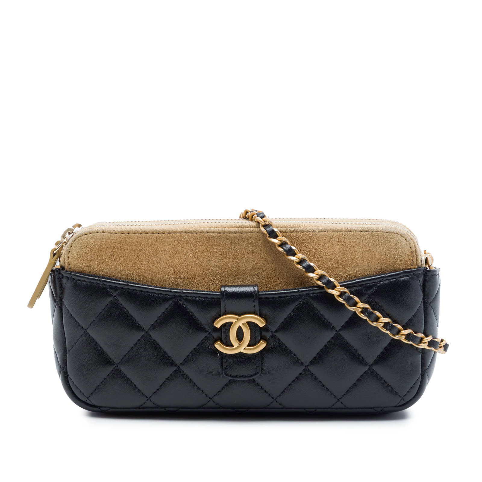 Chanel CC Double Zip Phone Holder Black Quilted Lambskin Suede Chain: Chanel CC Double Zip Phone Holder Black Quilted Lambskin Suede Chain Chanel CC Quilted Lambskin and Suede Double Zip Phone Holder With Chain in black. This compact bag features a quilted lambskin and 