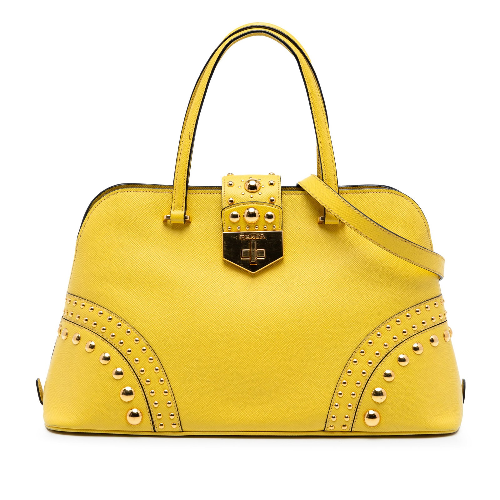 Prada Yellow Studded Saffiano Leather Promenade Satchel with Strap (1 of 7)