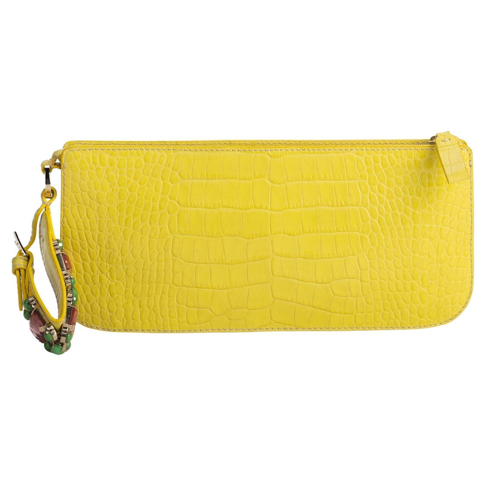 Valentino Yellow Croc Print Wrist Purse with Colorful Stones: Valentino Yellow Croc Print Wrist Purse with Colorful Stones This Valentino wrist purse showcases a striking yellow hue, crafted from leather with a crocodile skin pattern for a luxurious touch. It fe