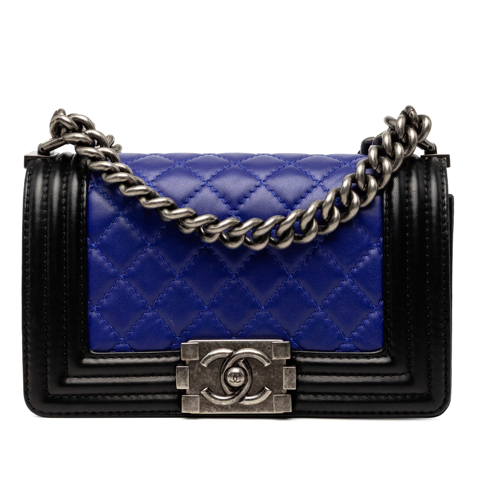 Chanel Boy Flap Small Bicolor Lambskin Shoulder Bag: Chanel Boy Flap Small Bicolor Lambskin Shoulder Bag Small Boy flap bag in blue bicolor lambskin leather with a quilted body, chain link straps, and a front flap secured by an interlocking CC push-lock