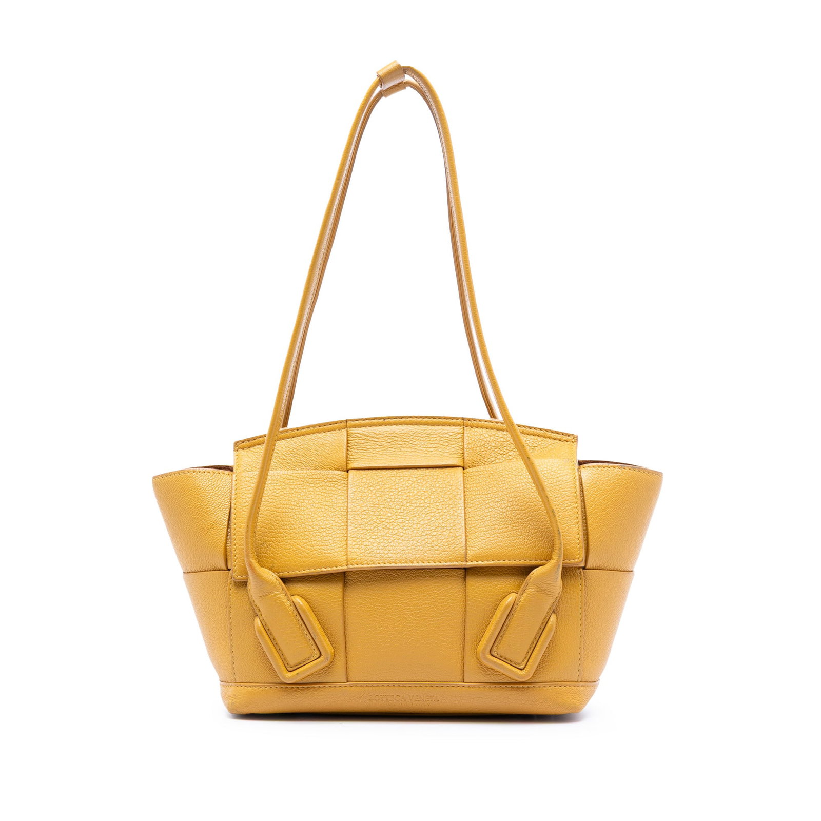 Small Yellow Arco Satchel by Bottega Veneta Maxi Intrecciato Goatskin: Small Yellow Arco Satchel by Bottega Veneta Maxi Intrecciato Goatskin This Bottega Veneta Small Goatskin Maxi Intrecciato Arco Satchel features a yellow leather body with the signature intrecciato wea