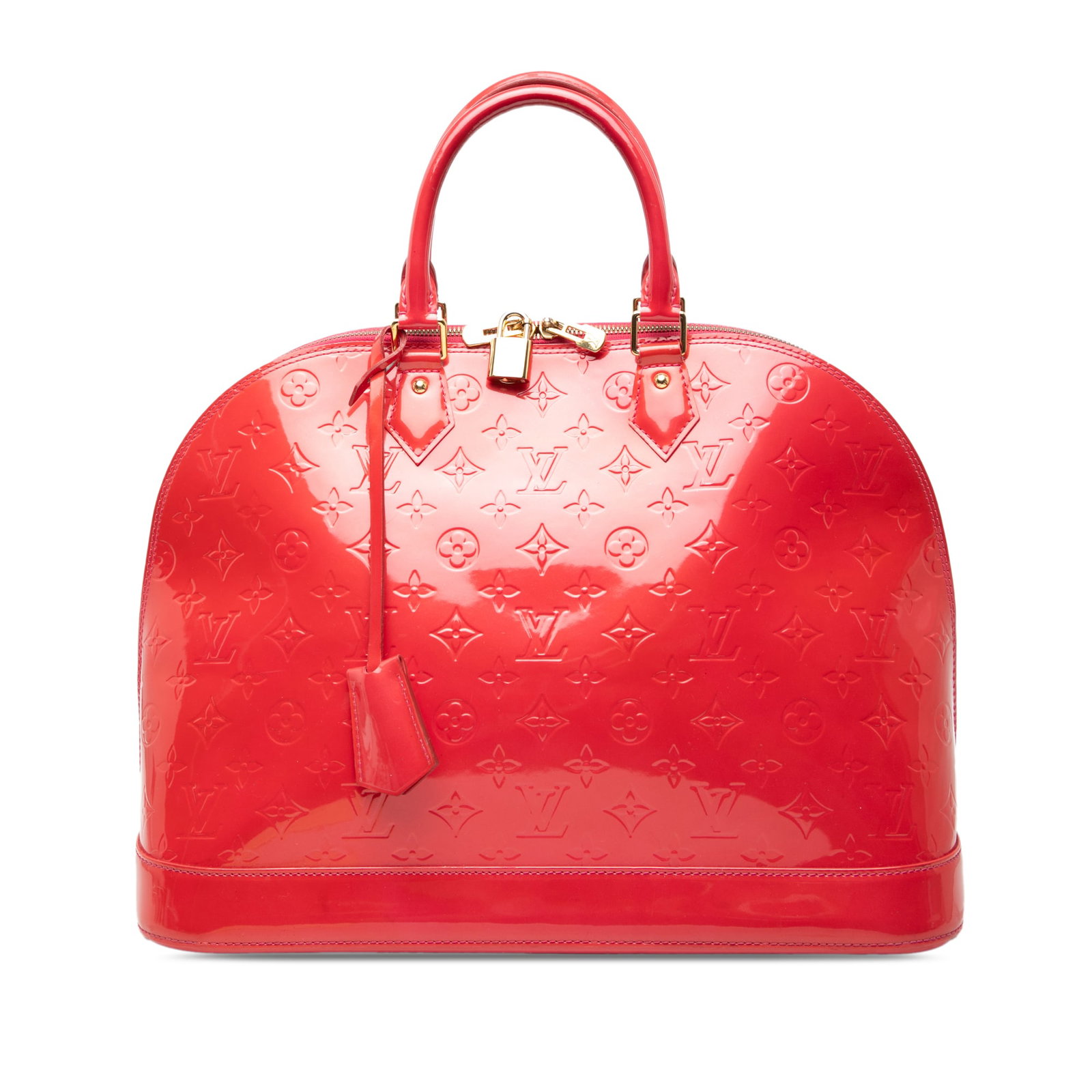 Louis Vuitton Alma GM Monogram Vernis Red Leather Handbag: Louis Vuitton Alma GM Monogram Vernis Red Leather Handbag Louis Vuitton Monogram Vernis Alma GM handbag in red vernis leather. This structured bag features rolled leather handles, a top zip-around clo