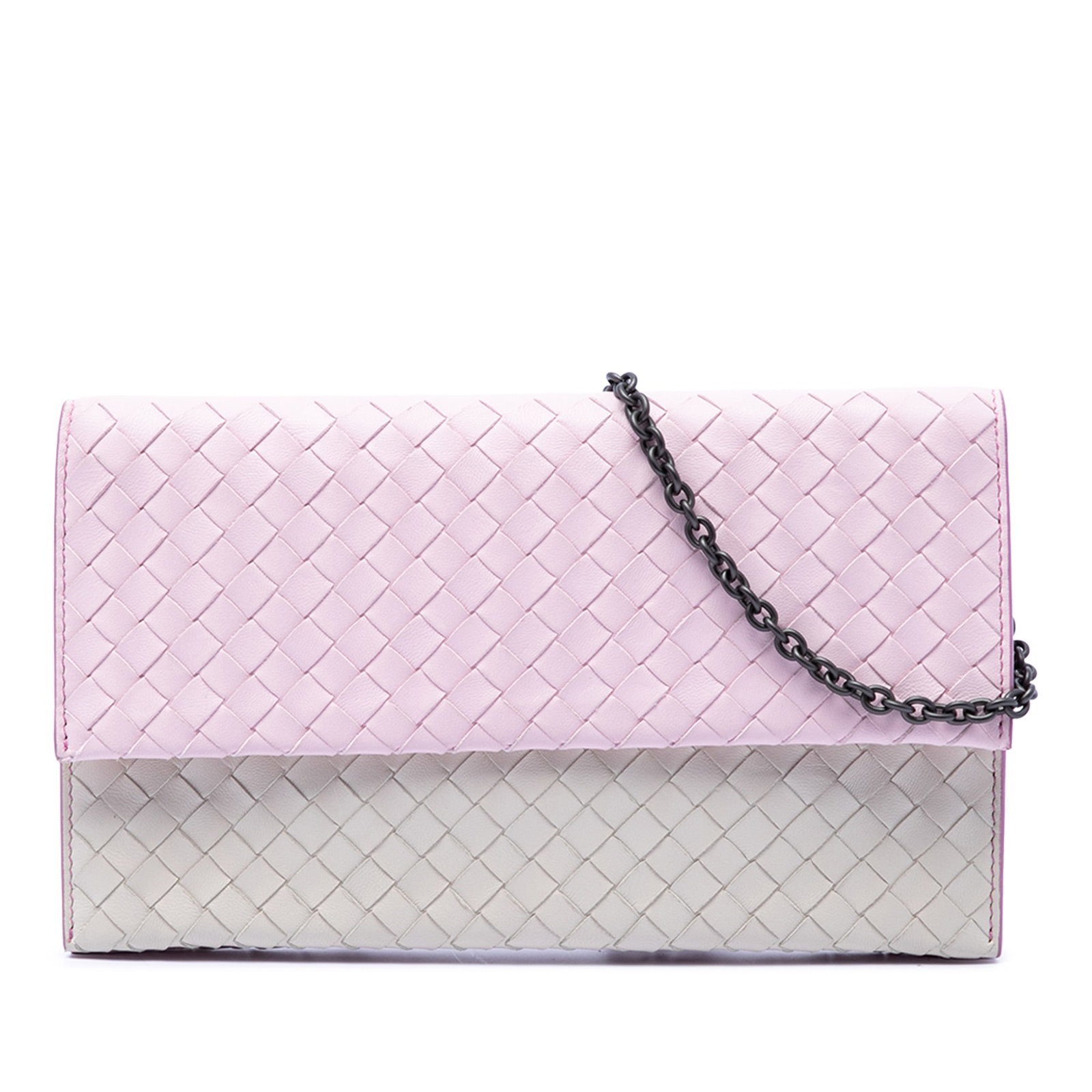 Bottega Veneta Intrecciato leather wallet on chain in pink: Bottega Veneta Intrecciato leather wallet on chain in pink Bottega Veneta wallet on chain in pink bicolor nappa leather with the signature Intrecciato woven design. It features a chain link shoulder s