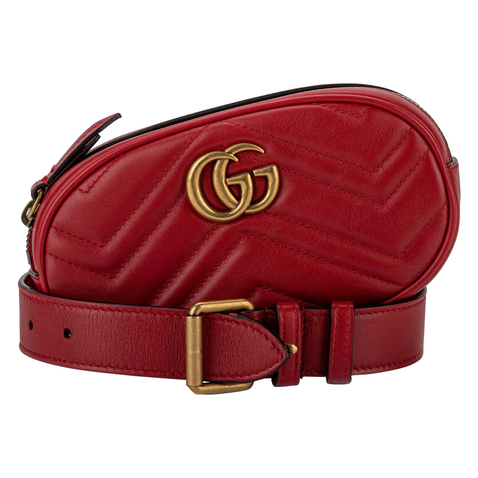 Gucci Red Calfskin Matelasse Fanny Pack Belt Bag with Box: Gucci Red Calfskin Matelasse Fanny Pack Belt Bag with Box Elevate your style with this chic Gucci Red Leather Logo Fanny Pack Belt Bag, crafted from luxurious calfskin leather in a stunning Matelasse 