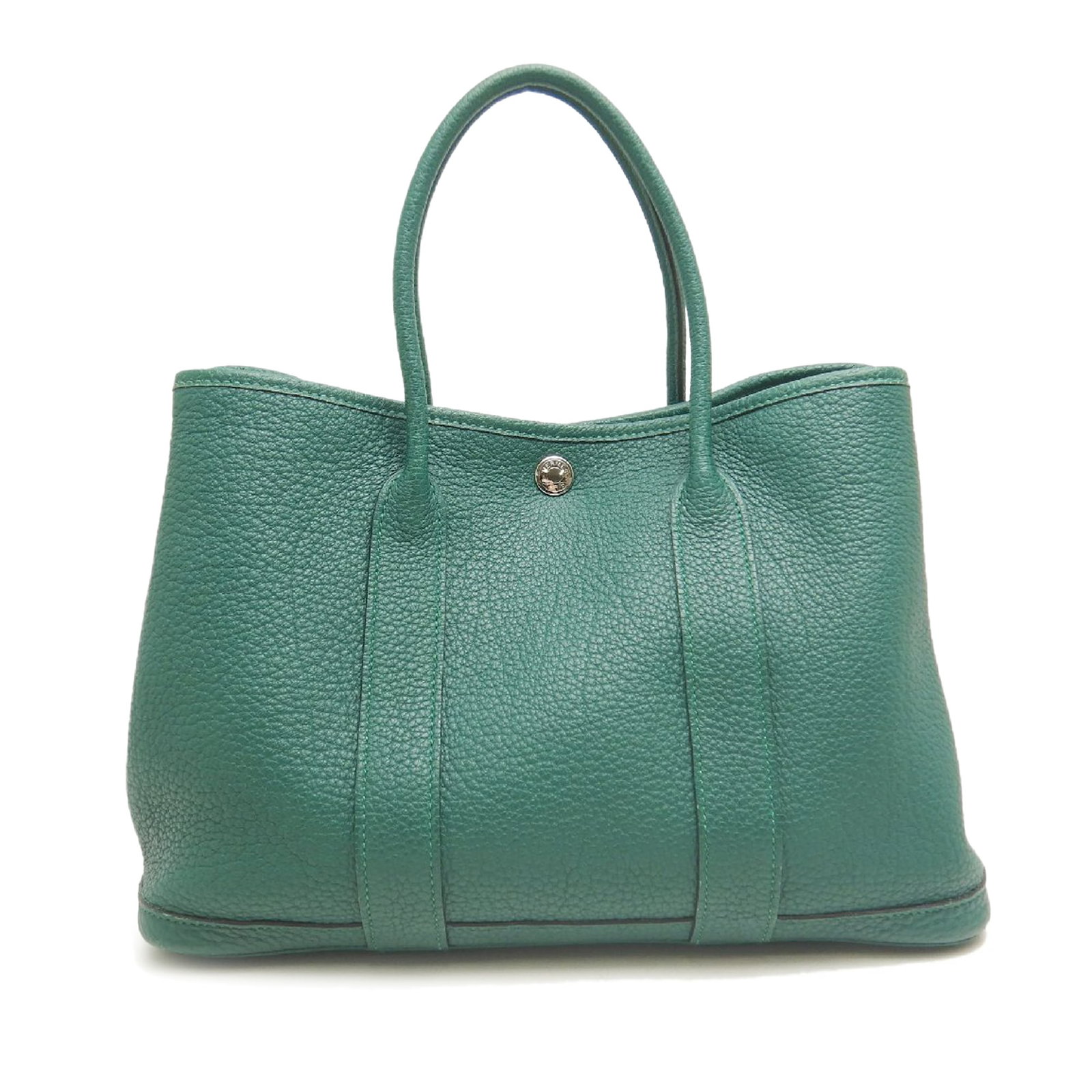Hermes Garden Party 30 Negonda Leather Tote Vert Vertigo: Hermes Garden Party 30 Negonda Leather Tote Vert Vertigo Hermes Garden Party 30 handbag in Vert Vertigo Negonda leather with rolled leather handles, an open top with snap button closure, and an interi