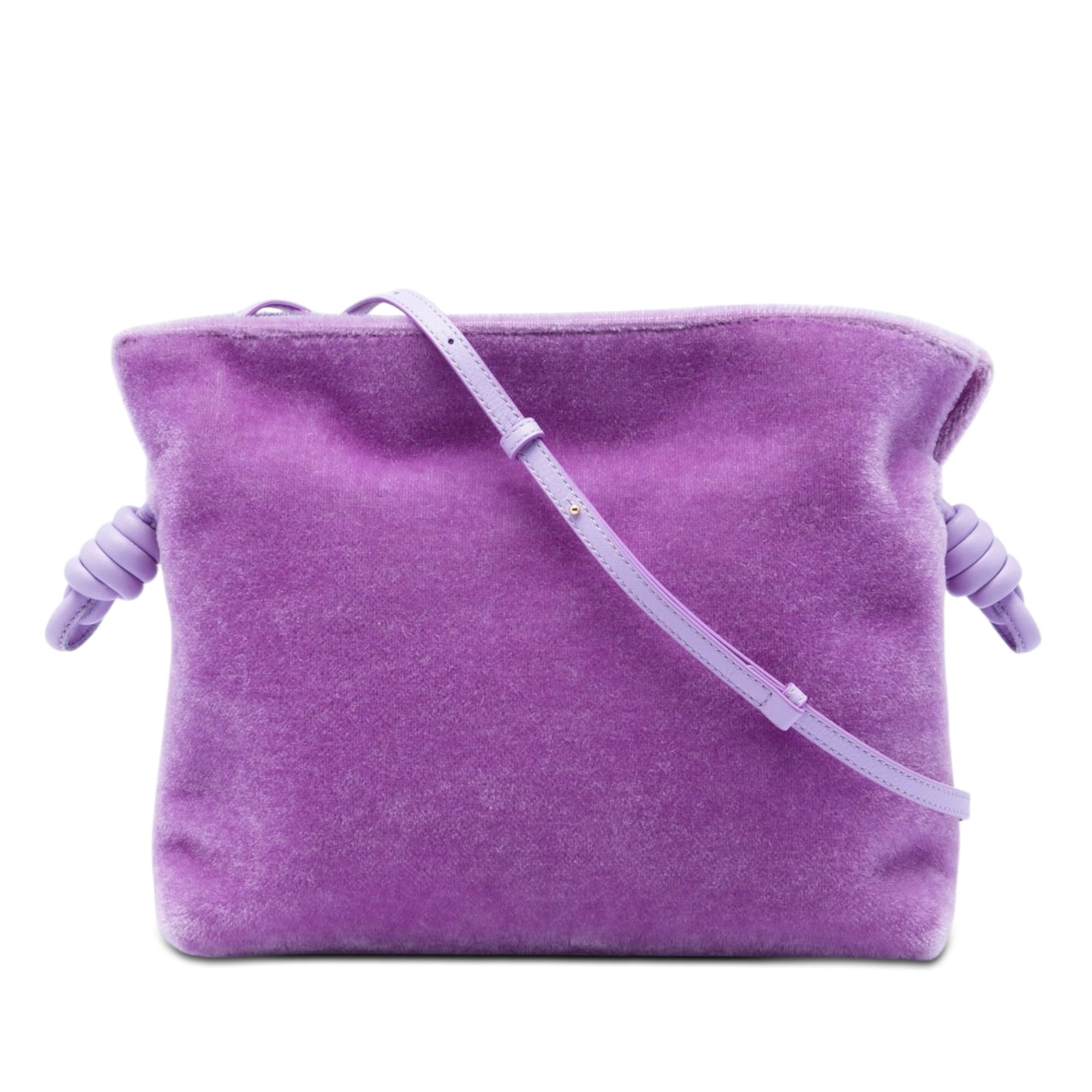 LOEWE Flamenco Knot Medium Mohair Clutch with Leather Strap: LOEWE Flamenco Knot Medium Mohair Clutch with Leather Strap LOEWE Medium Flamenco Knot Clutch crafted with a mohair body and finished with the line's signature coiled knot drawstring pulls. This bag i