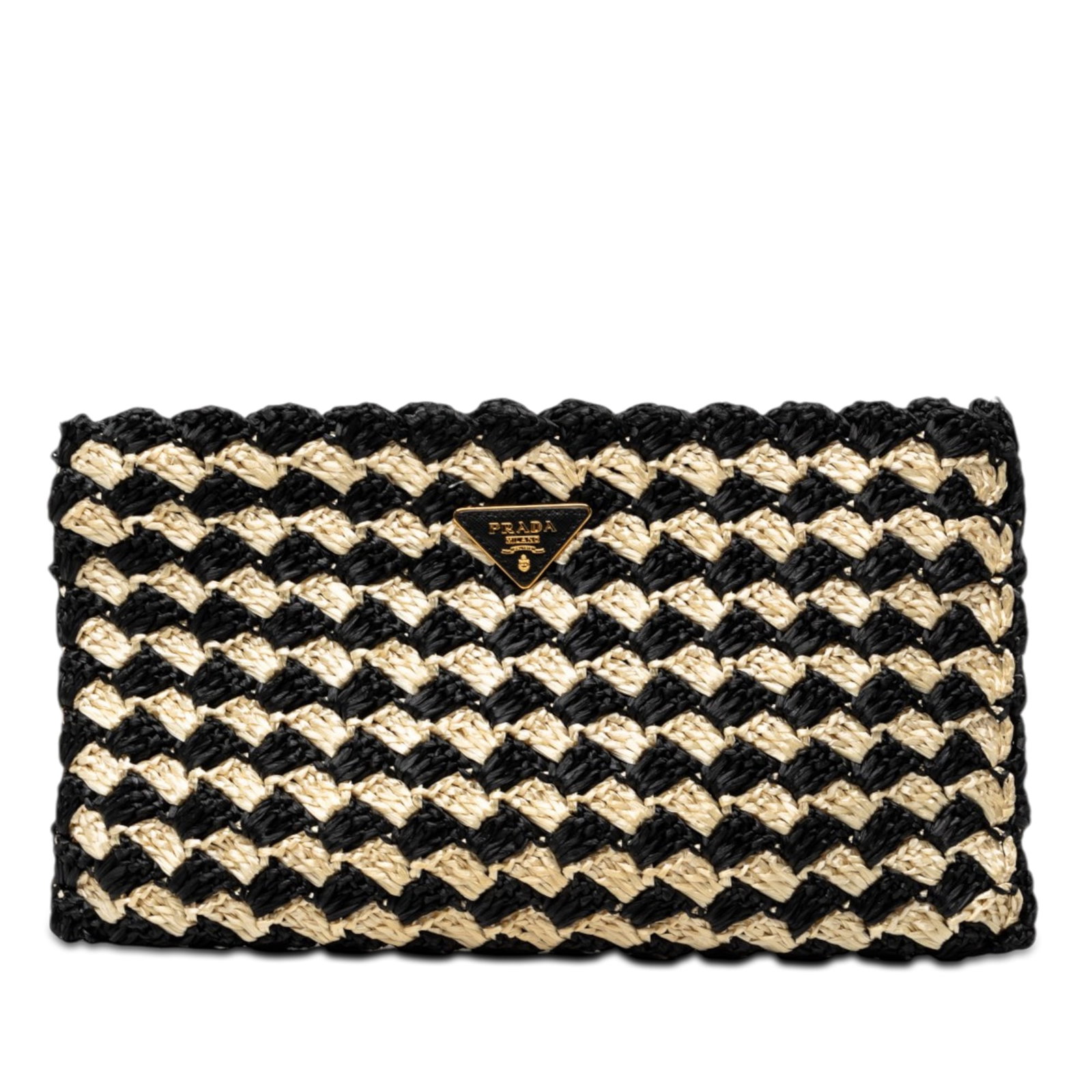 Prada Raffia Crochet Clutch Bag Black Woven Zip Top: Prada Raffia Crochet Clutch Bag Black Woven Zip Top Prada raffia crochet clutch with a woven raffia body, top zip closure, and interior zip and slip pockets. Made in Italy. Condition is AB with visibl