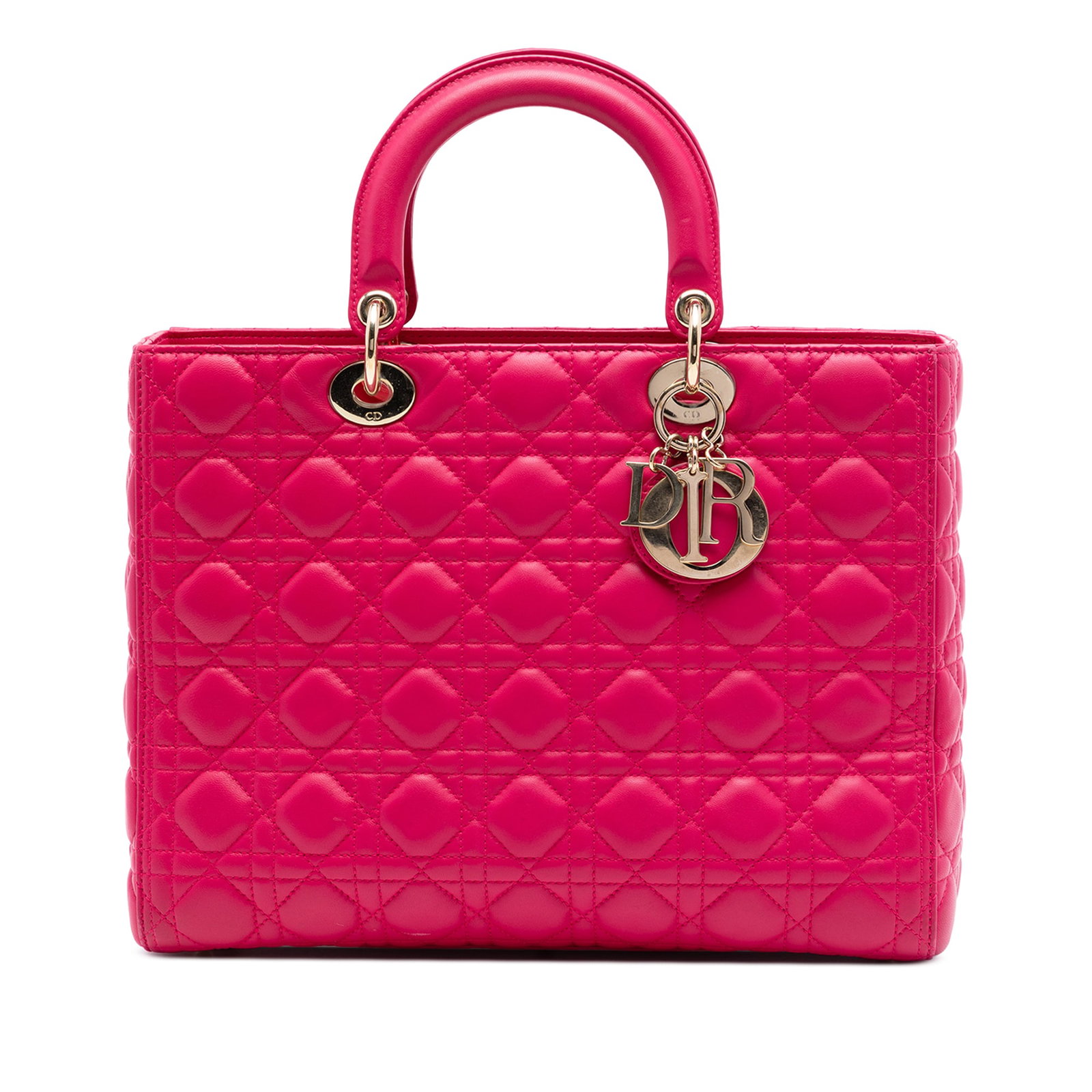 Dior Lady Dior Large Pink Lambskin Cannage Handbag: Dior Lady Dior Large Pink Lambskin Cannage Handbag The Large Lambskin Cannage Lady Dior is a pink leather bag from Italy, featuring a quilted lambskin leather body, flat leather top handles, a top zip