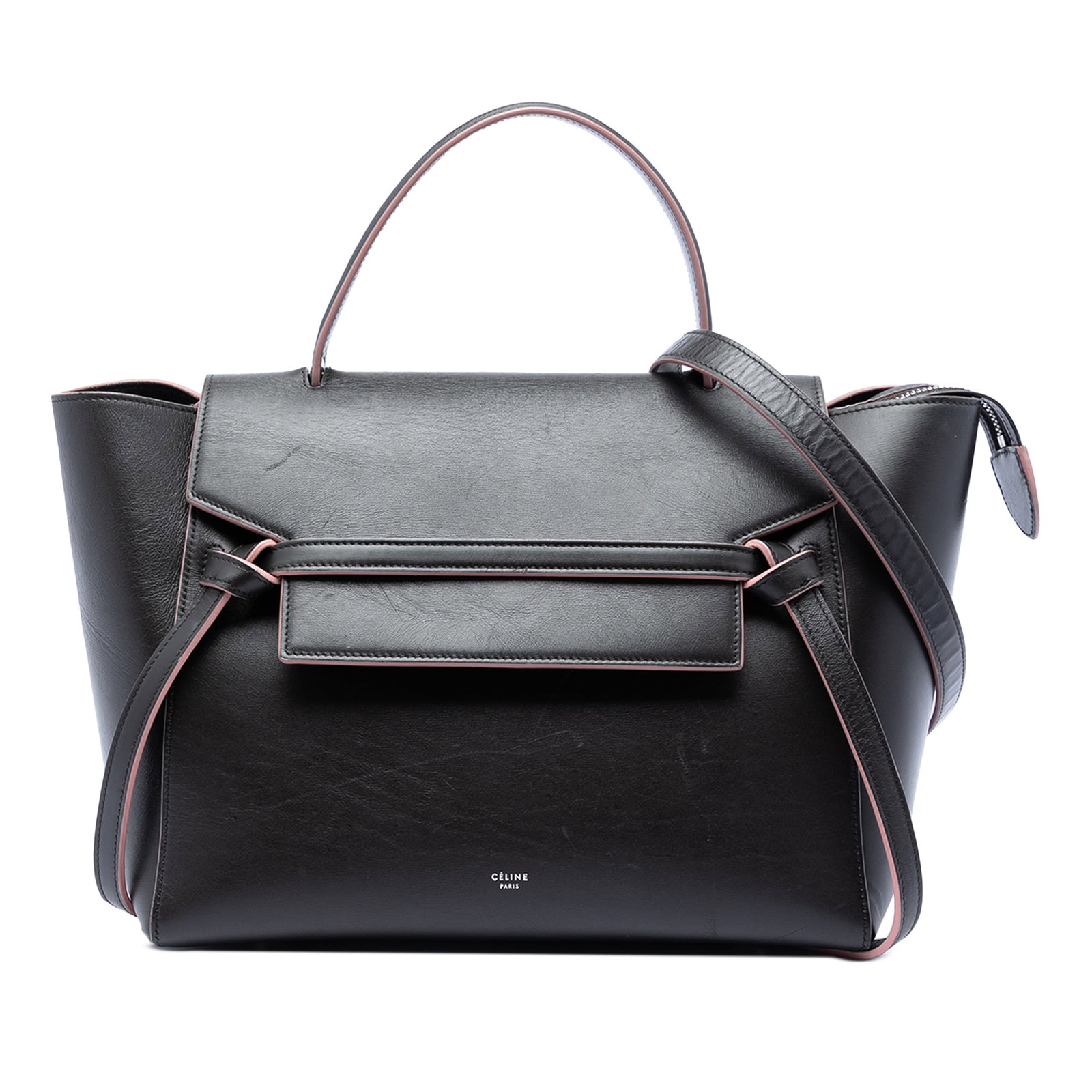 Celine Mini Belt Bag in Black Smooth Calfskin Leather: Celine Mini Belt Bag in Black Smooth Calfskin Leather This Celine Mini Belt Bag is crafted in smooth calfskin leather and features a structured silhouette with a flat top handle, detachable flat strap