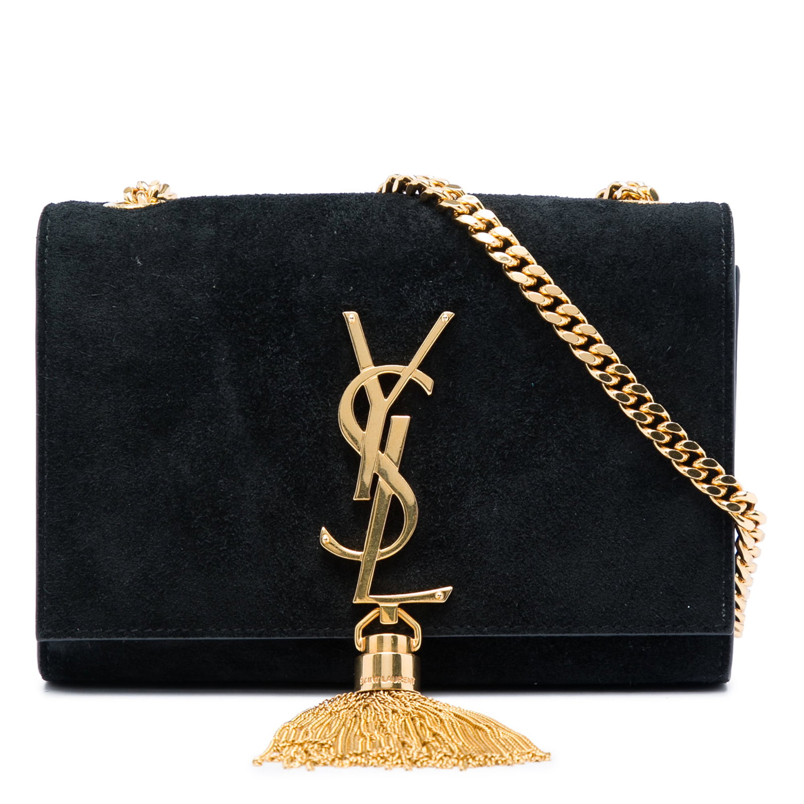 Black suede tassel crossbody bag Saint Laurent Kate small: Black suede tassel crossbody bag Saint Laurent Kate small Saint Laurent Small Suede Monogram Kate Tassel Crossbody in black suede leather with a chain shoulder strap, front flap with magnetic snap clo