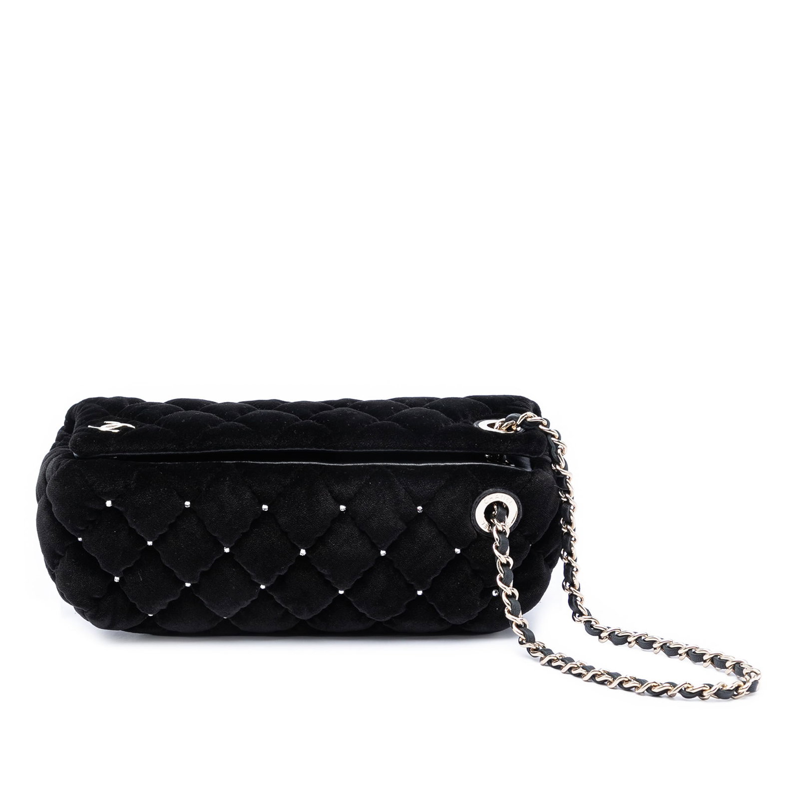 Chanel Diamante Quilted Velvet Wristlet Clutch Black: Chanel Diamante Quilted Velvet Wristlet Clutch Black This is a Chanel quilted velvet diamante wristlet clutch in black, made in Italy. It features a studded velvet body, a leather-woven chain wrist st