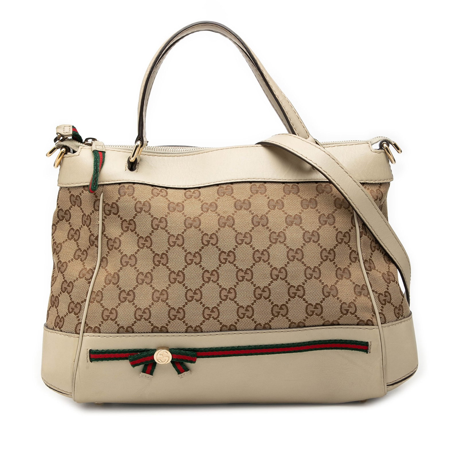 Gucci Mayfair Satchel in Beige GG Canvas with Web Stripe: Gucci Mayfair Satchel in Beige GG Canvas with Web Stripe Gucci GG Canvas Web Mayfair Satchel with a canvas body and leather trim. It features flat leather handles, a detachable flat leather shoulder s