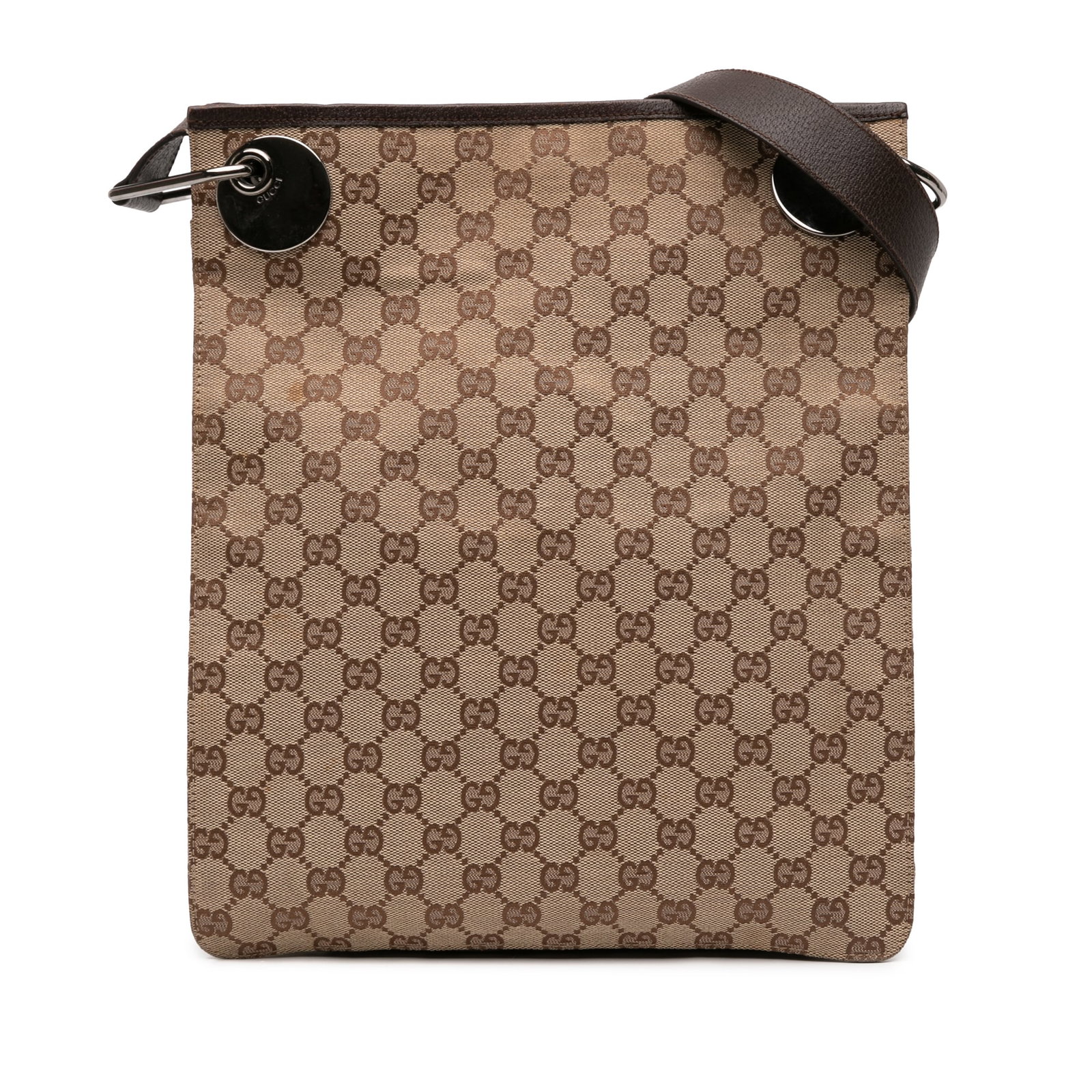 Beige GG Canvas Eclipse Crossbody Bag with Leather Trim by Gucci: Beige GG Canvas Eclipse Crossbody Bag with Leather Trim by Gucci This Gucci GG Canvas Eclipse Crossbody bag features a beige canvas body with leather trim, an adjustable flat leather strap, an open to