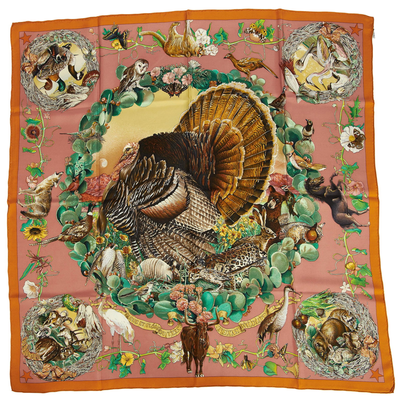 Hermes Texas Wildlife Scarf by Kermit Oliver 35x35 in: Hermes Texas Wildlife Scarf by Kermit Oliver 35x35 in This exquisite Hermes Silk Texas Wildlife Scarf features a vibrant orange design that showcases the unique flora and fauna of Texas. Created by re