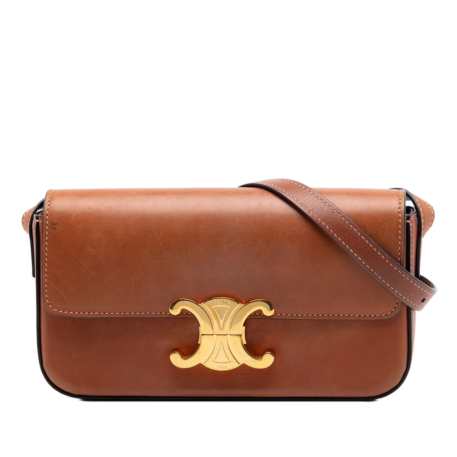 Celine Claude Brown Leather Shoulder Bag: Celine Claude Brown Leather Shoulder Bag This Celine Claude shoulder bag is crafted in shiny calfskin leather with a leather body and adjustable flat leather shoulder strap. It features a front flap w