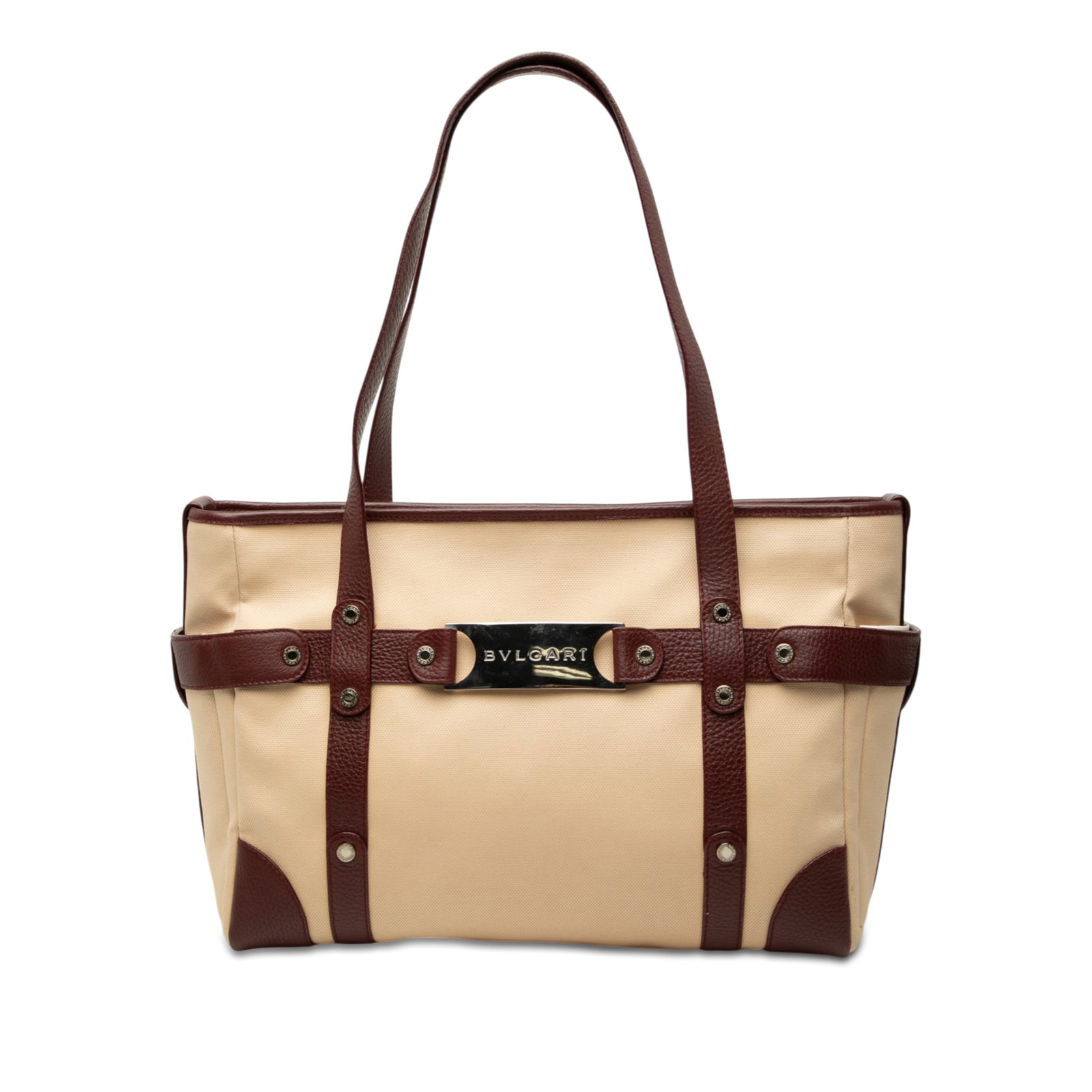 Bvlgari Leather Trimmed Canvas Tote Bag Beige Italy: Bvlgari Leather Trimmed Canvas Tote Bag Beige Italy Bvlgari leather trimmed canvas tote with flat leather handles, an open top with magnetic snap button closure, and an interior zip pocket. The bag in