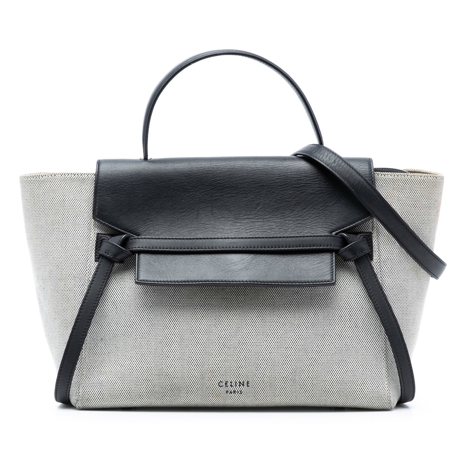 Celine gray mini canvas leather belt satchel: Celine gray mini canvas leather belt satchel This Celine Mini Canvas and Leather Belt Bag is crafted with a fabric body, complemented by leather accents. It features a flat leather top handle, a detac
