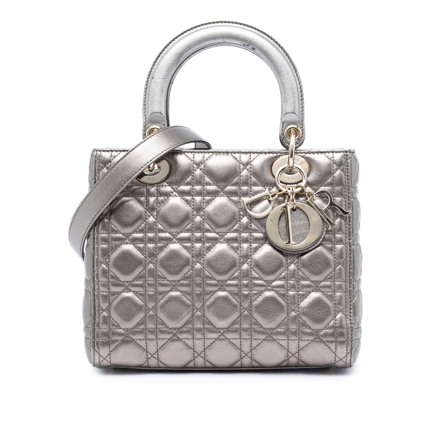 Dior Lady Dior Medium Metallic Lambskin Cannage Handbag: Dior Lady Dior Medium Metallic Lambskin Cannage Handbag Medium Lady Dior handbag in metallic lambskin leather with Cannage quilting. It features flat leather top handles, a detachable strap, a top zip