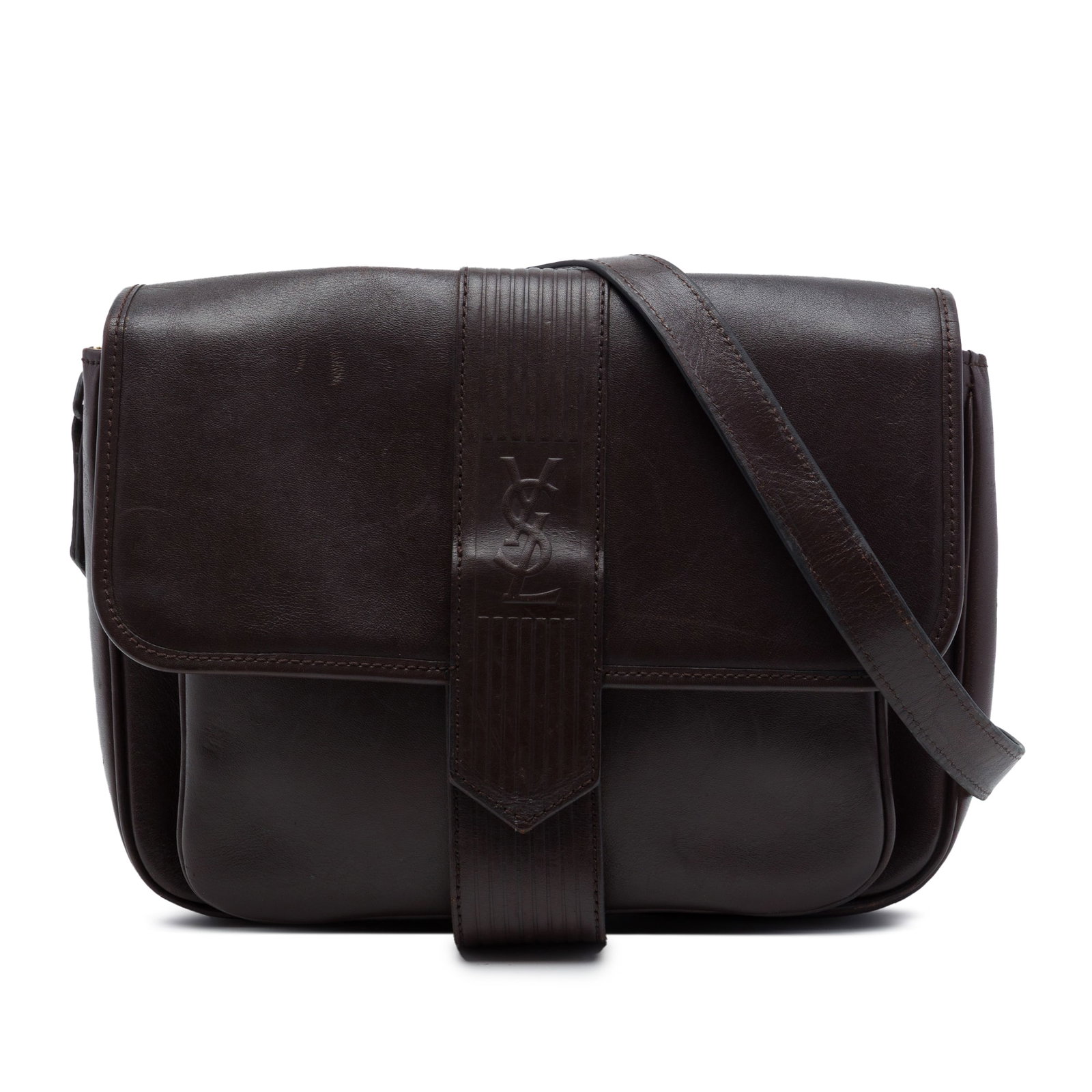 Saint Laurent Leather Crossbody Bag Brown Flap Shoulder Purse: Saint Laurent Leather Crossbody Bag Brown Flap Shoulder Purse Saint Laurent leather crossbody bag in brown with an adjustable flat strap, front flap with magnetic snap closure, exterior back slip pock