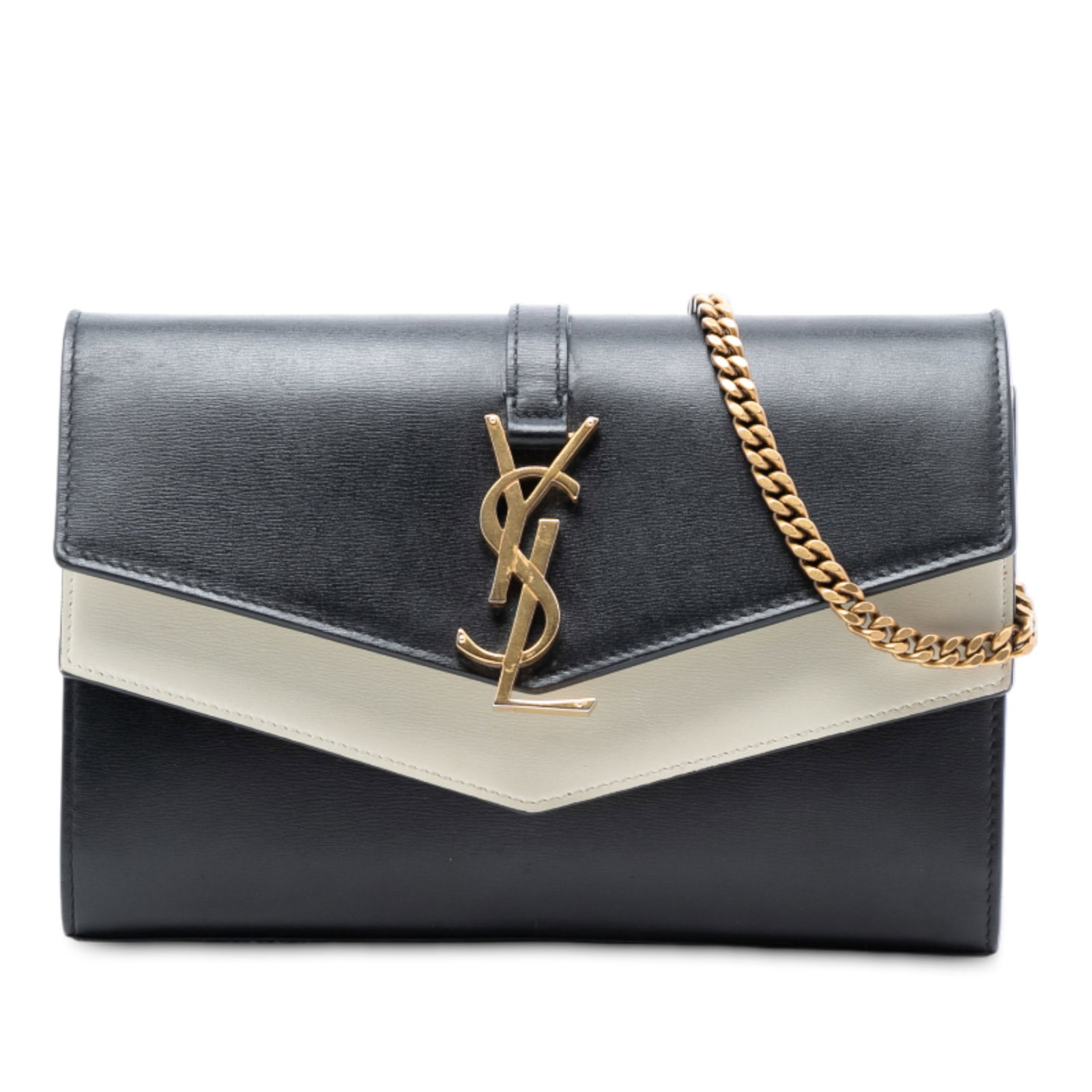Saint Laurent Sulpice Bicolor Leather Chain Wallet Crossbody Bag: Saint Laurent Sulpice Bicolor Leather Chain Wallet Crossbody Bag This Saint Laurent Bicolor Leather Monogram Sulpice Wallet on Chain is crafted in leather and features a chain link strap, a front flap