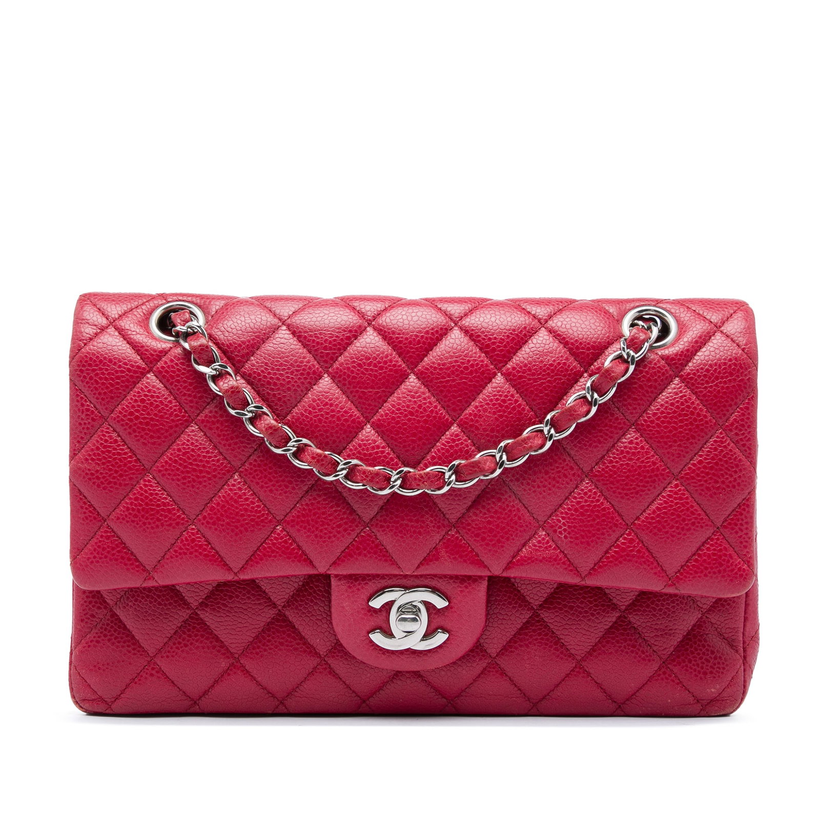 Chanel Medium Classic Double Flap Shoulder Bag Red Caviar Leather: Chanel Medium Classic Double Flap Shoulder Bag Red Caviar Leather Chanel Medium Classic Caviar Double Flap shoulder bag in red quilted caviar leather. This bag features a leather-woven chain strap, do