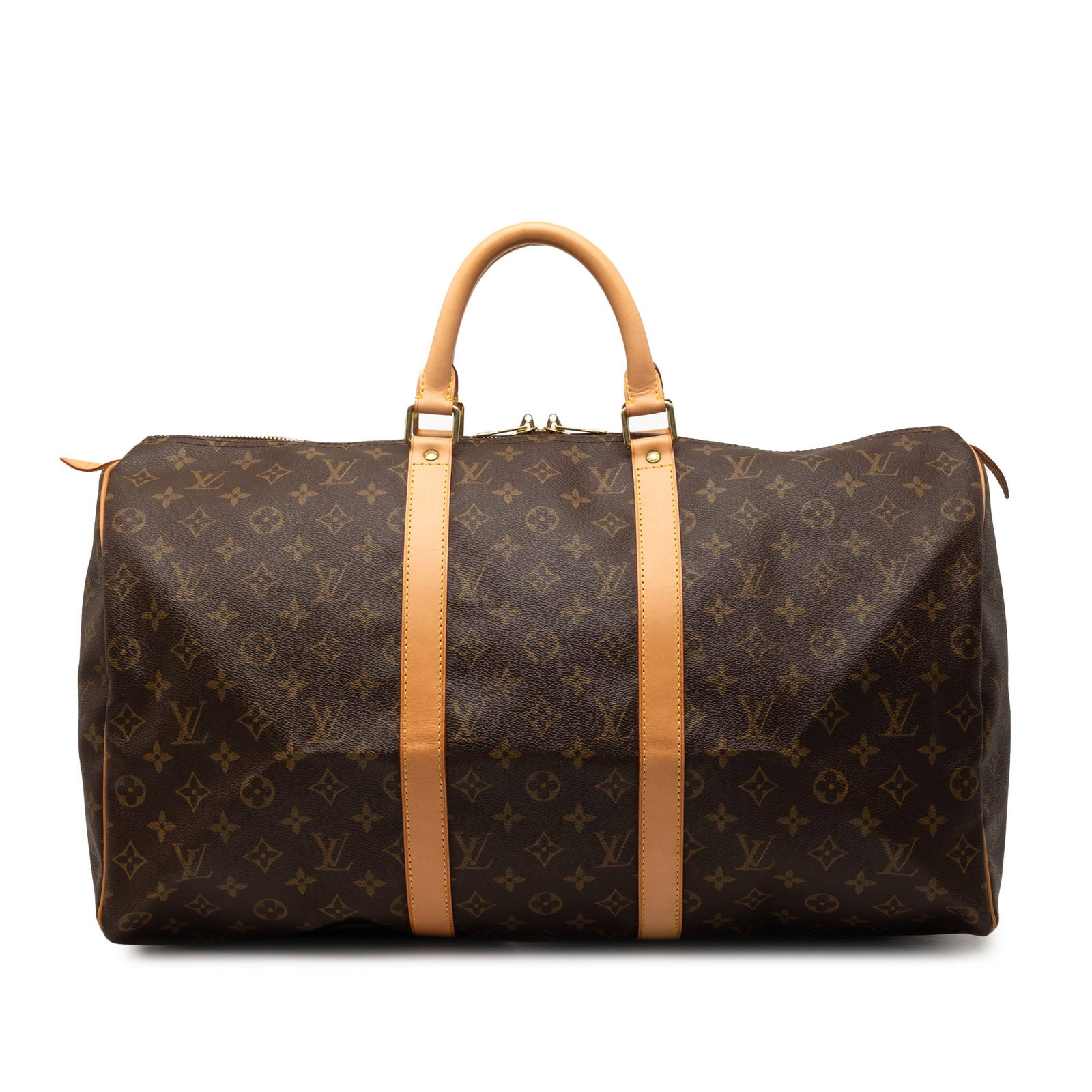 Louis Vuitton Brown Monogram Canvas Keepall 50 Travel Bag with Vachetta Leather Trim: Louis Vuitton Brown Monogram Canvas Keepall 50 Travel Bag with Vachetta Leather Trim The Louis Vuitton Monogram Keepall 50 is a travel bag crafted from signature monogram canvas with vachetta leather 