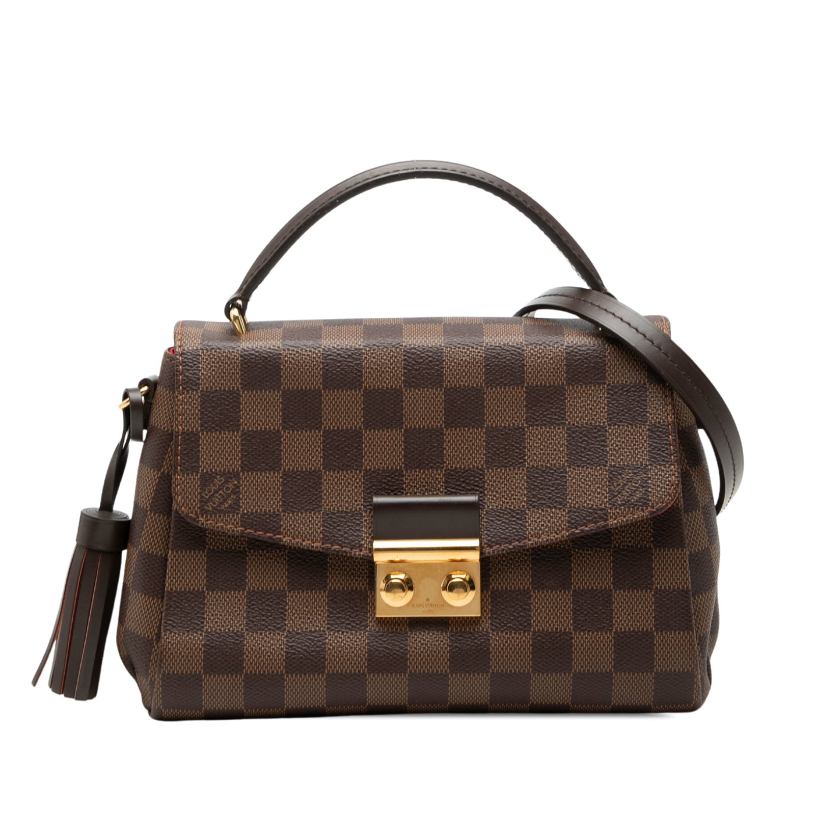 Louis Vuitton Croisette Brown Damier Ebene Shoulder Bag: Louis Vuitton Croisette Brown Damier Ebene Shoulder Bag Louis Vuitton Damier Ebene Croisette handbag crafted with a Damier Ebene canvas body and leather trim. It features a leather tassel detail, a ro