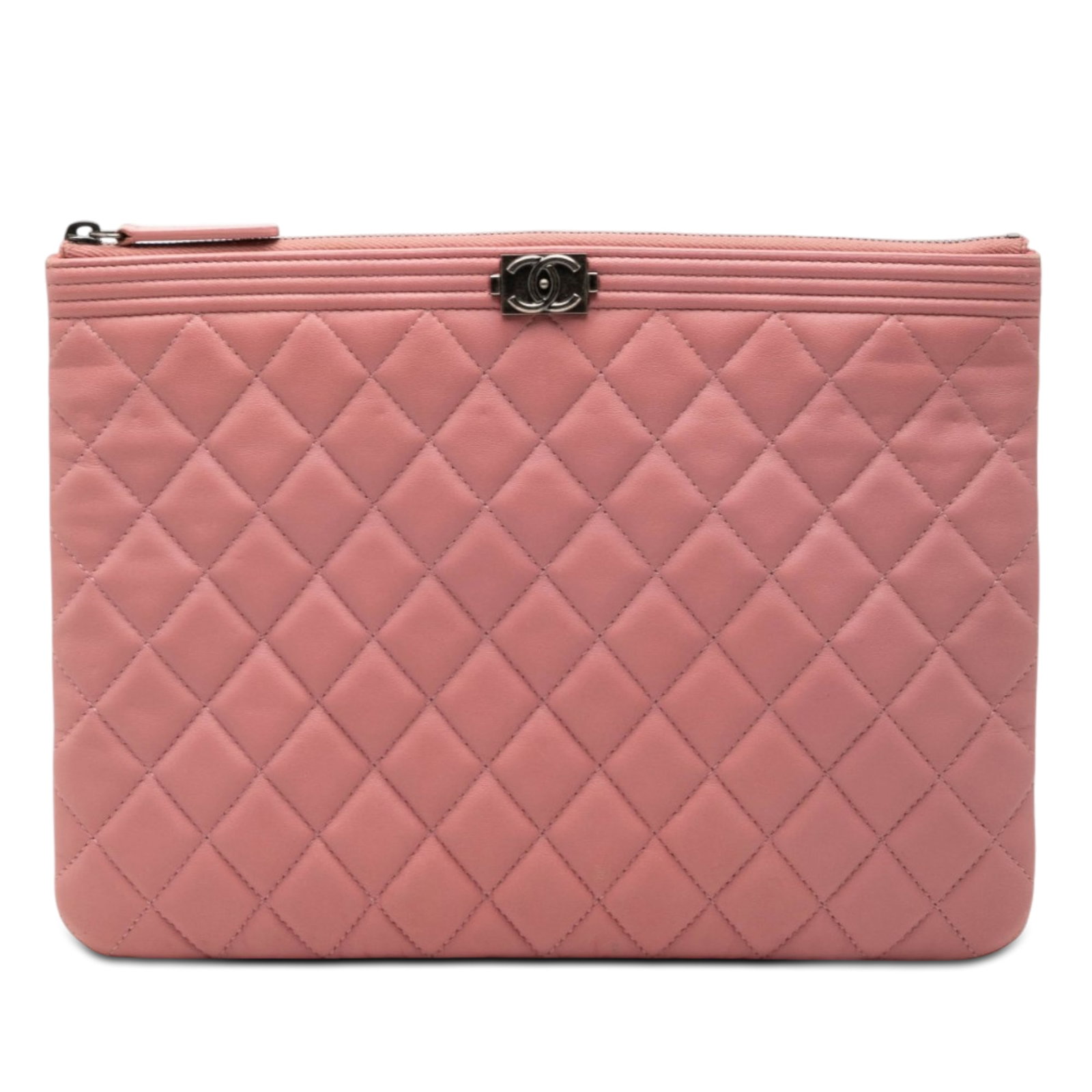 Chanel Boy O Case Medium Pink Quilted Lambskin Clutch: Chanel Boy O Case Medium Pink Quilted Lambskin Clutch Medium Chanel Boy O Case clutch crafted in quilted pink lambskin leather with a top zip closure. Made in Italy. Condition is rated B+ with noted w