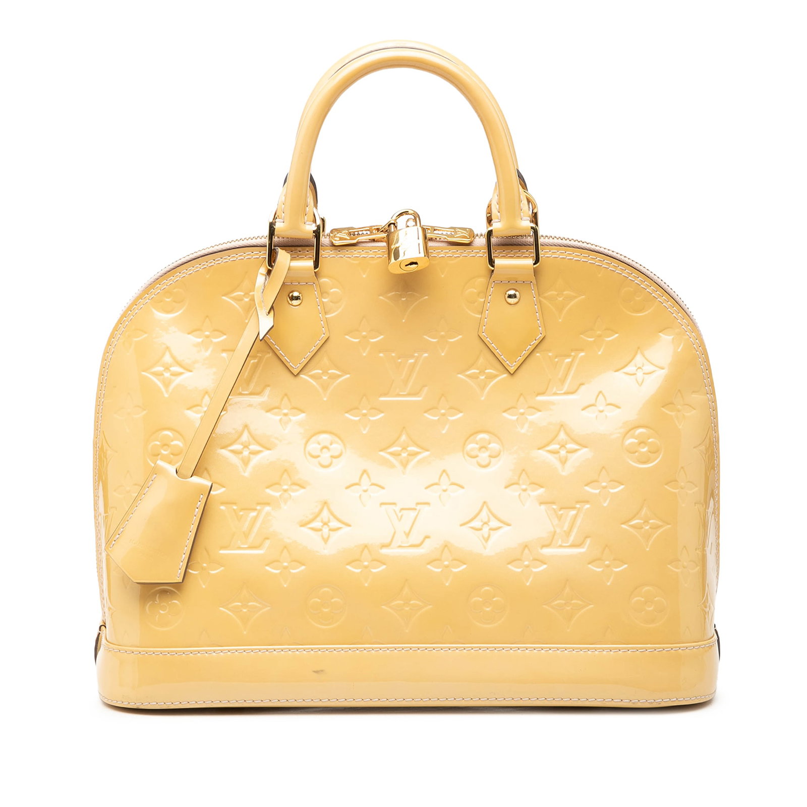 Louis Vuitton Alma PM Monogram Vernis Leather Handbag: Louis Vuitton Alma PM Monogram Vernis Leather Handbag Louis Vuitton Monogram Vernis Alma PM handbag in beige leather with rolled handles, a top zip closure, and interior slip pockets. Made in France. 
