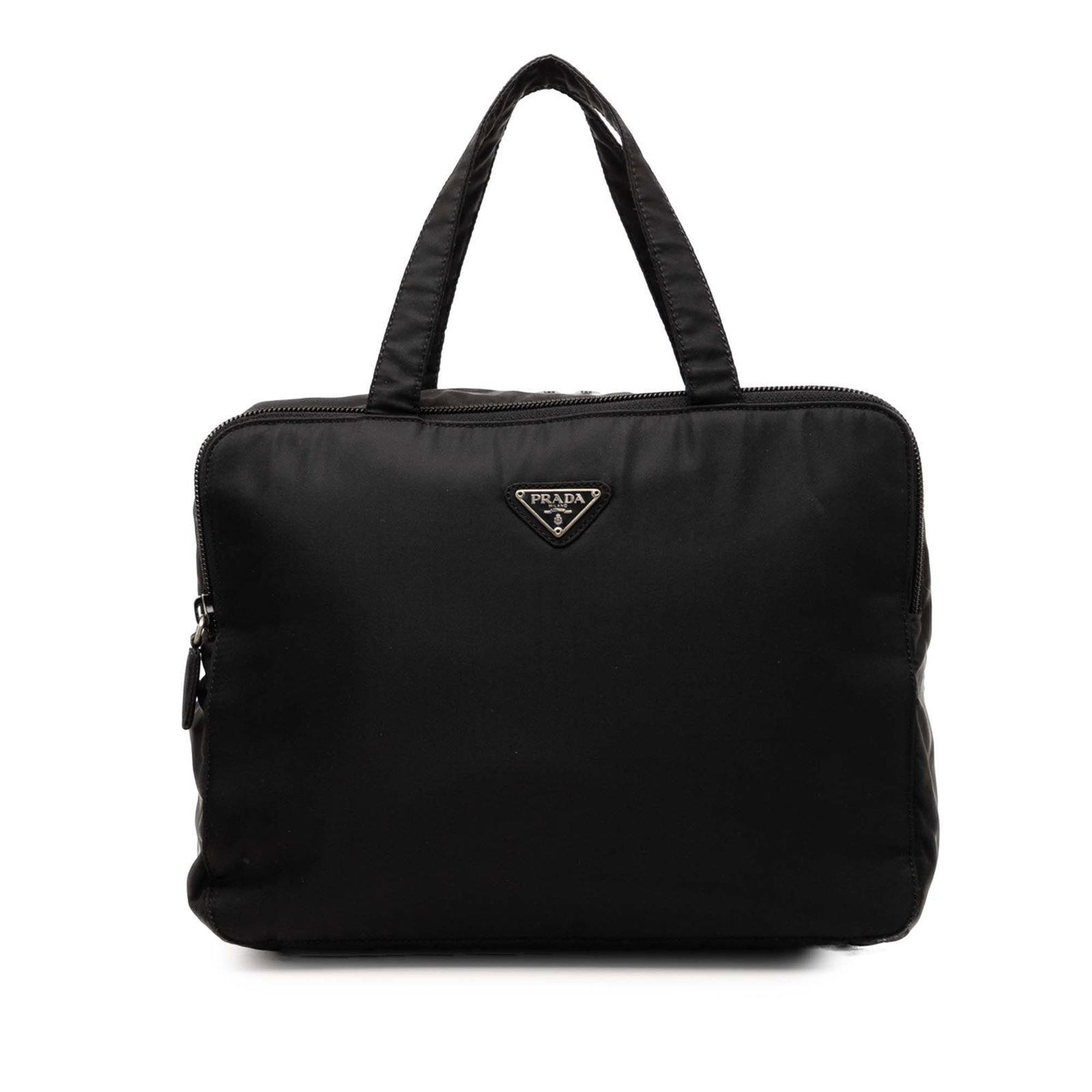 Prada Tessuto Black Nylon Zip Top Handbag: Prada Tessuto Black Nylon Zip Top Handbag Prada Tessuto handbag with a nylon body, flat handles, a top zip closure, an exterior zip-around pocket, and an interior zip pocket. It is made in Italy, in b