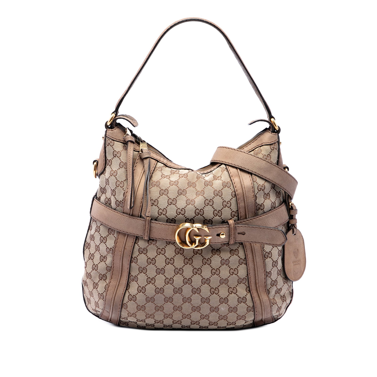 Gucci Running Satchel Medium GG Canvas Beige Leather Trim Bag: Gucci Running Satchel Medium GG Canvas Beige Leather Trim Bag Gucci Medium GG Canvas Running Satchel in beige canvas with leather trim. This satchel features a flat leather handle, a detachable flat l