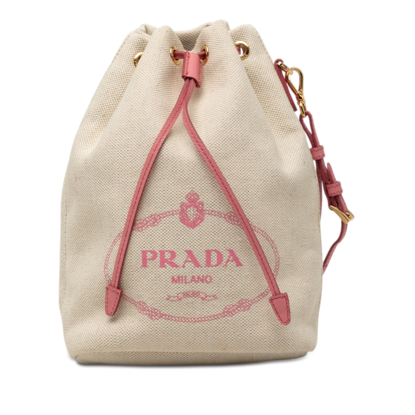 Prada Canapa Logo Canvas Drawstring Pouch with Wrist Strap: Prada Canapa Logo Canvas Drawstring Pouch with Wrist Strap Prada Canvas Canapa Logo Drawstring Pouch in beige fabric with a detachable flat leather wrist strap and an open top with drawstring closure.
