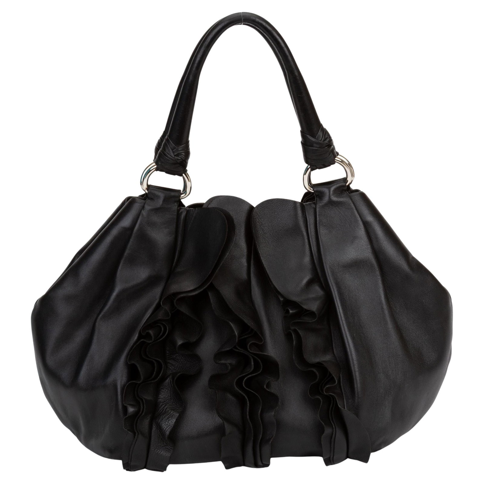 Prada Black Ruched Nappa Handbag with Dust Cover: Prada Black Ruched Nappa Handbag with Dust Cover Introducing the Prada Black Ruffle Nappa Handbag, a stunning accessory that combines elegance with practicality. This handbag features exquisite ruched