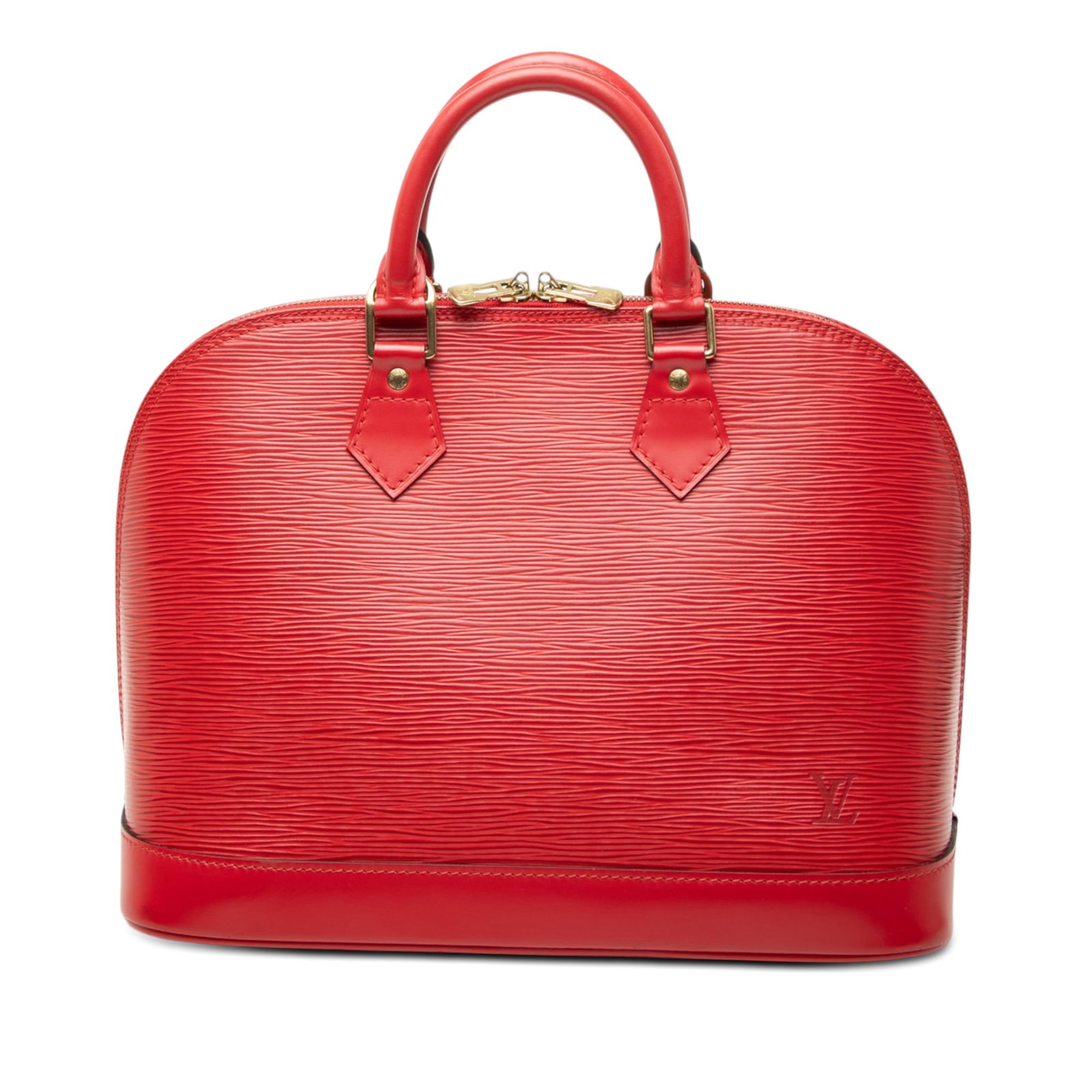 Louis Vuitton Alma PM red Epi leather handbag: Louis Vuitton Alma PM red Epi leather handbag Louis Vuitton Epi Alma PM handbag in red epi leather with rolled leather handles, a top zip closure, and an interior slip pocket. Made in France. Conditio