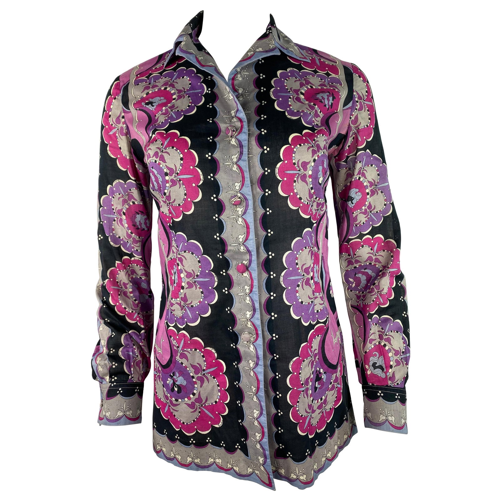 Emilio Pucci Floral Geometric Collared Shirt Purple Multicolor Size 10 (1 of 8)