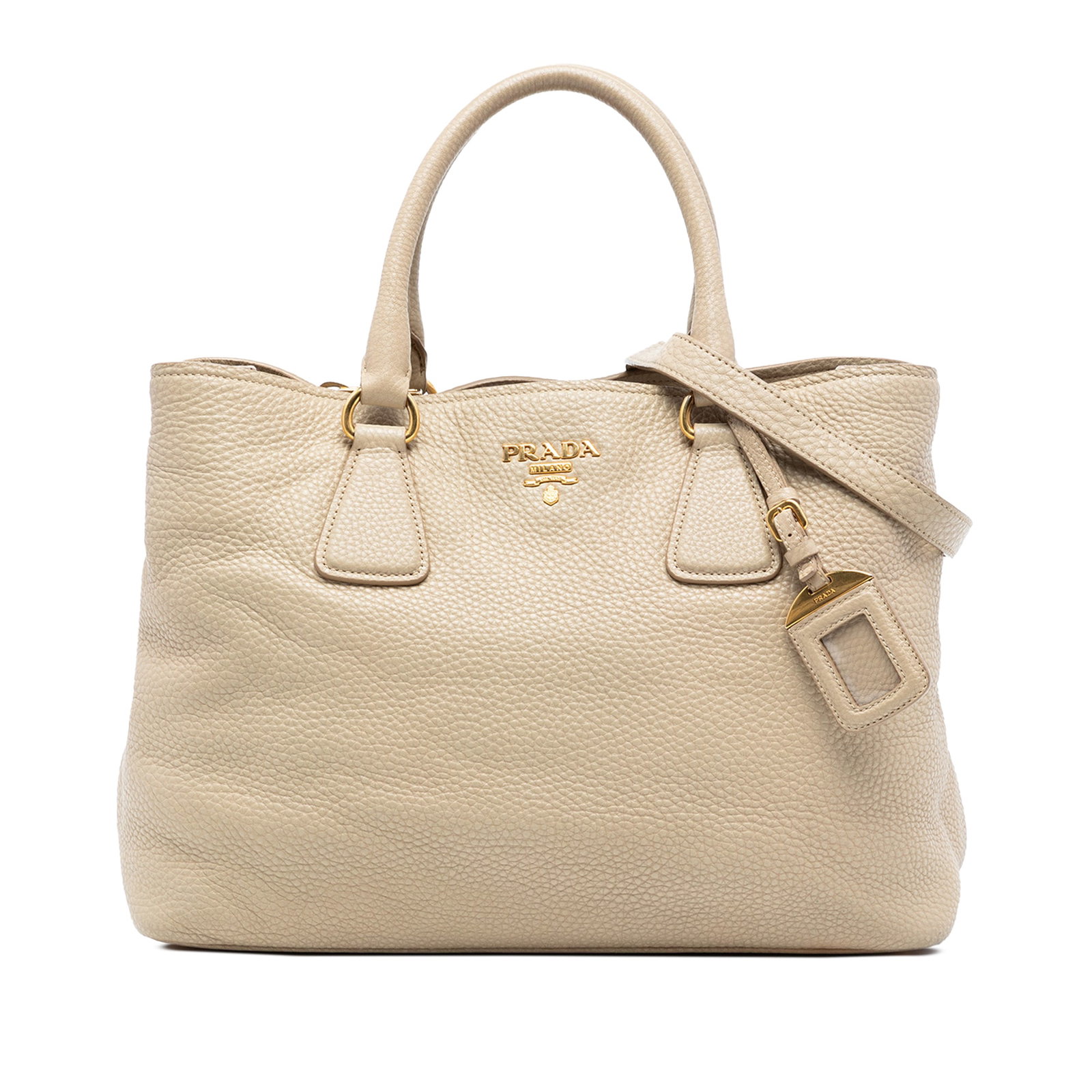 Prada Vitello Daino Brown Leather Convertible Satchel with Detachable Strap: Prada Vitello Daino Brown Leather Convertible Satchel with Detachable Strap This Prada Vitello Daino Open Convertible Tote is crafted from brown leather and features rolled leather handles and a detac