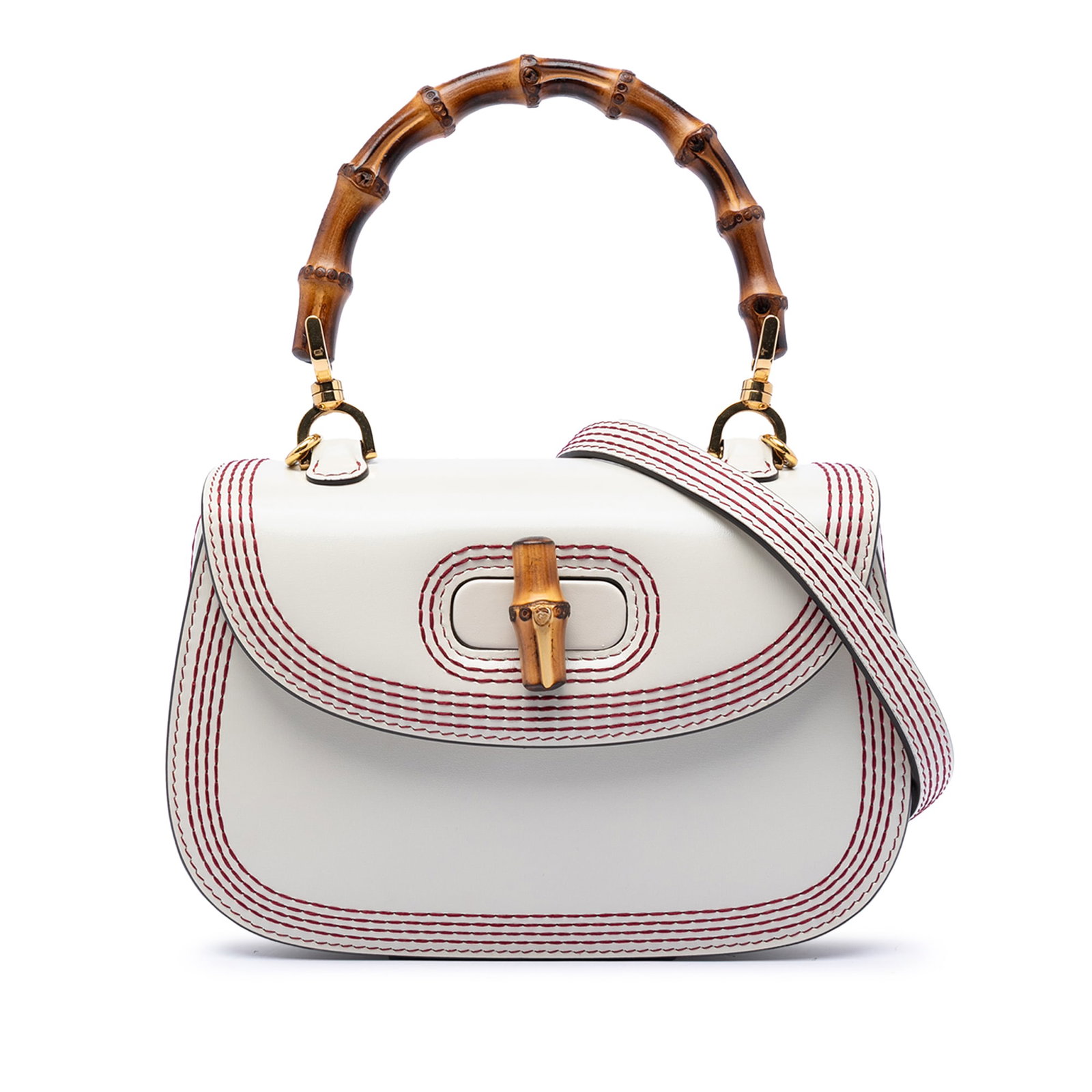 Gucci Bamboo 1947 white leather top handle satchel: Gucci Bamboo 1947 white leather top handle satchel This Gucci Small Calfskin Stitched Bamboo 1947 Top Handle Bag features a white leather body with distinctive stitched detailing and a signature bambo