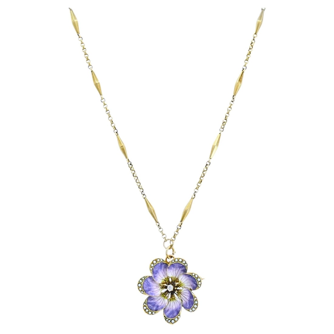 Set of 2 14k Gold Violet Flower Brooch Pendant with Chain: Set of 2 14k Gold Violet Flower Brooch Pendant with Chain An antique-style violet flower pendant brooch necklace crafted in 14k gold with a convertible design that can be worn as either a pendant on i