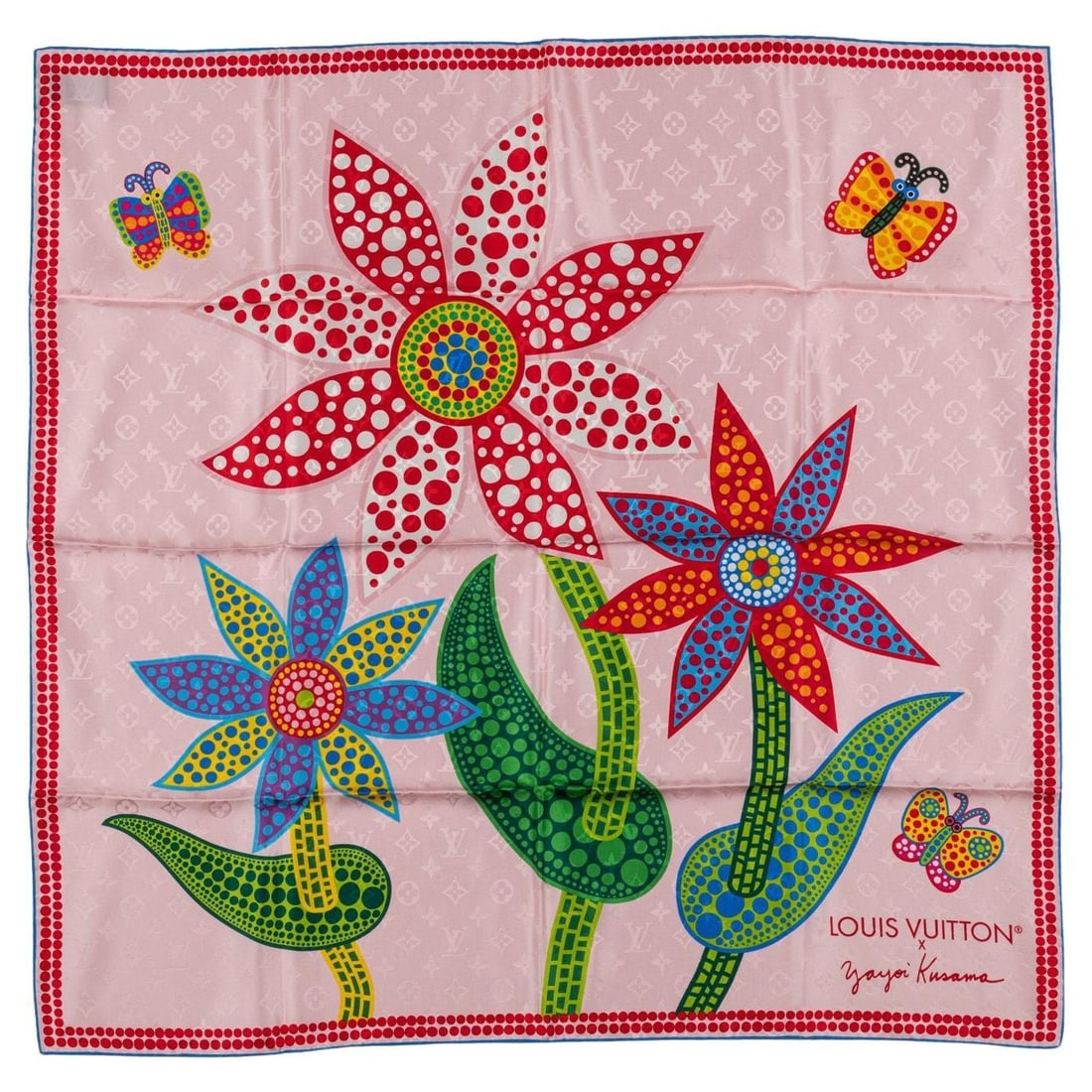 Louis Vuitton x Yayoi Kusama Pink Floral Silk Scarf 35 in: Louis Vuitton x Yayoi Kusama Pink Floral Silk Scarf 35 in Elevate your accessory collection with this exquisite Louis Vuitton x Yayoi Kusama Silk Scarf. Crafted in Italy, this luxurious square scarf f